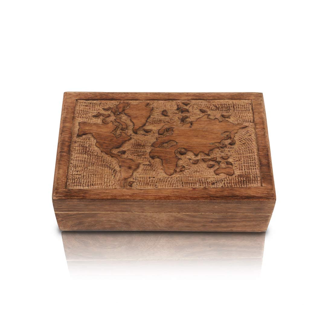 Handmade Wooden Jewelry Box with Decorative World Map Design - Perfect Birthday Gift, Jewelry Organizer & Keepsake Storage (Natural Finish) | Ideal for Travel Lovers, Anniversary Presents & Home Decor