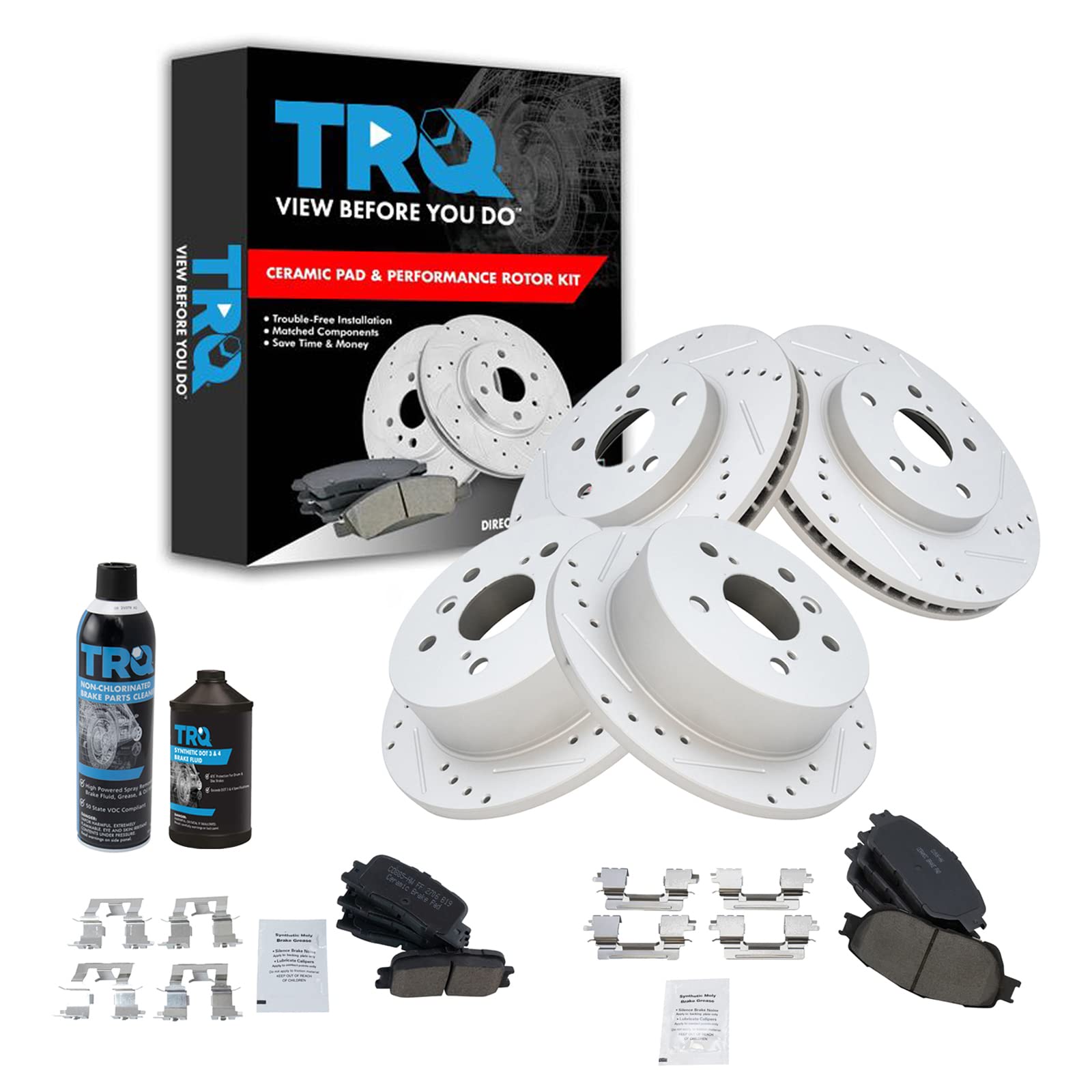 TRQ High-Performance Ceramic Brake Pads & Rotors Kit - Front & Rear Set with Anti-Squeal Shims & Lubricant | Perfect for Daily Commuting, Mountain Driving & Towing Heavy Loads