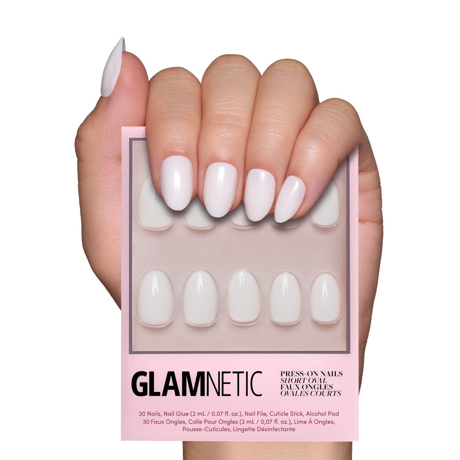 Glamnetic Press On Nails - White Swan | Classic Off White Short Oval Fake Nails with Glue, Reusable Stick On Nails Kit (30 Pcs, 15 Sizes) | Salon Quality Manicure | Perfect for Weddings, Parties & Everyday Wear