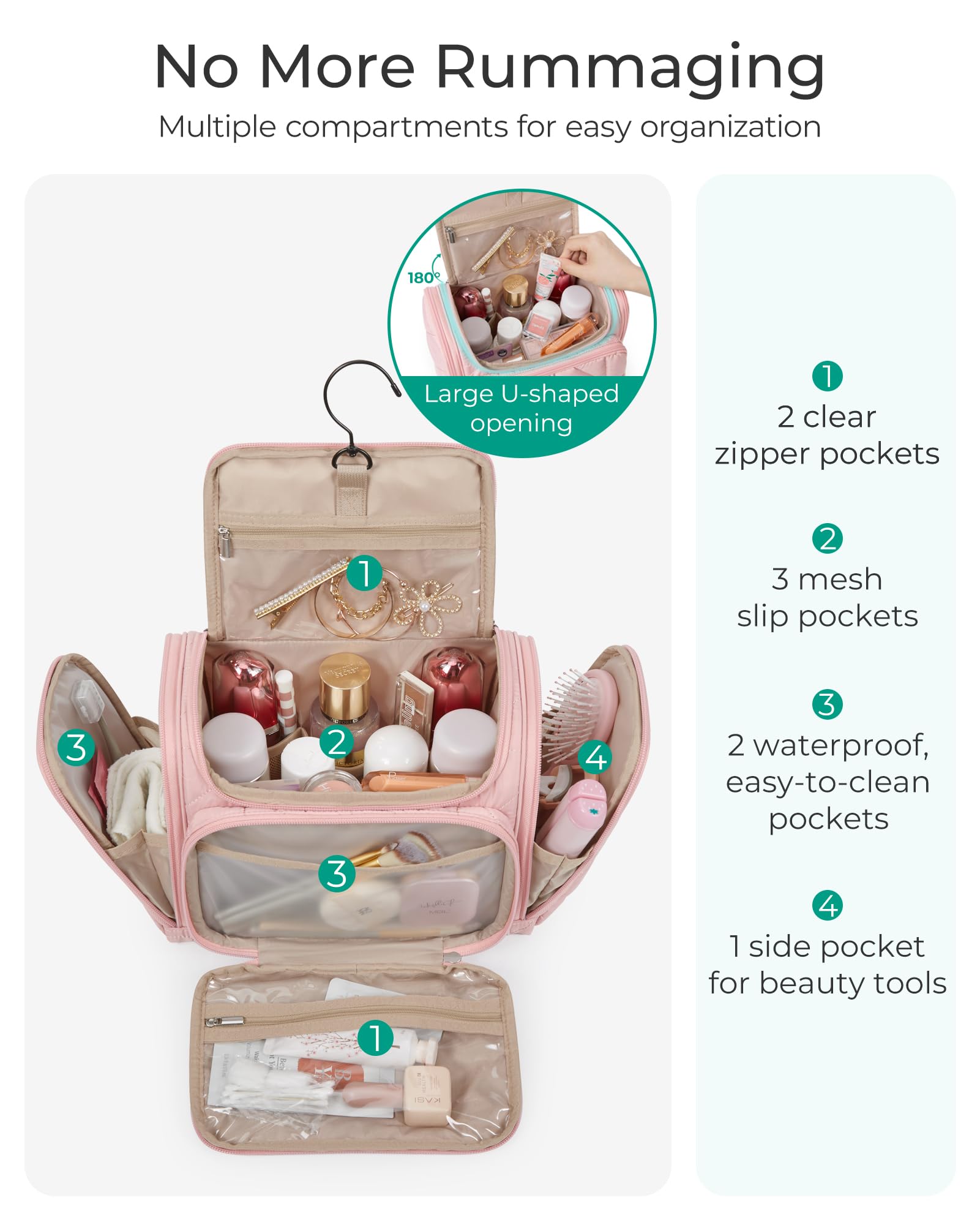 BAGSMART Waterproof Hanging Toiletry Bag for Women - Large Puffy Makeup Travel Organizer with Wide Opening, Lightweight Cosmetic Bag for Accessories & Toiletries (Beige) - Perfect for Air Travel, Camping & Gym Essentials
