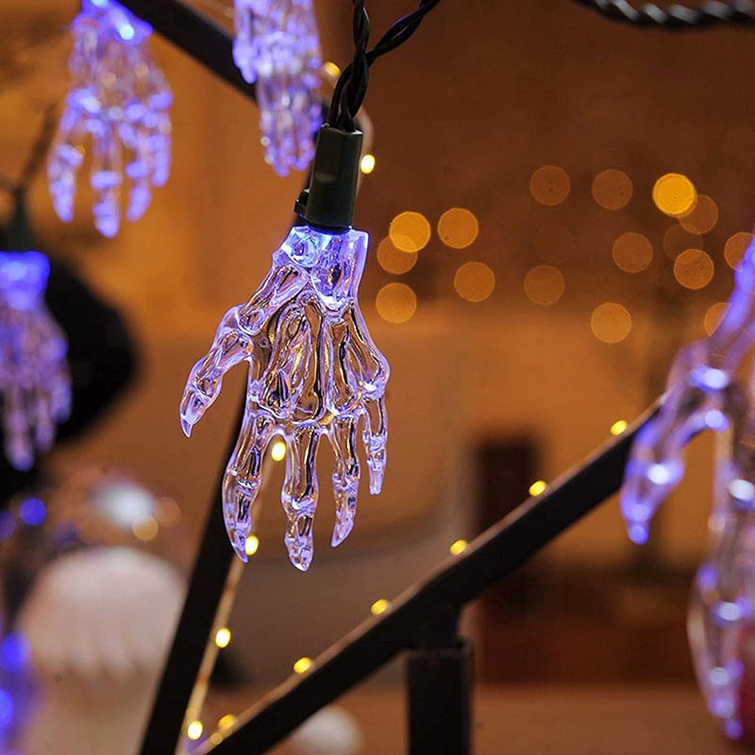 SNOMYRS 21ft 30Pcs LED Skeleton Hand String Lights - Battery Operated Halloween Decor with 8 Lighting Modes, Purple - Perfect for Halloween Party Decorations, Haunted House Props, Spooky Room Lighting & Outdoor Yard Decor