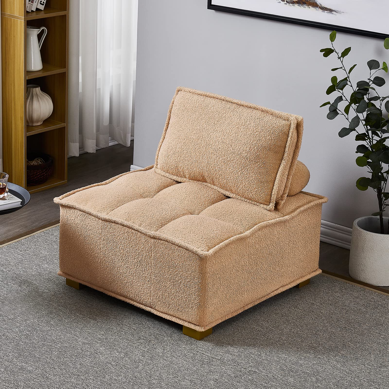 KIVENJAJA Sherpa Boucle Tufted Ottoman Chair - Armless Floor Accent Seat with Removable Backrest - Soft Teddy Fabric for Living Room, Bedroom, Apartment & Office - Perfect for Reading Nook, Cozy Corner or Extra Seating (Khaki, 1PC)