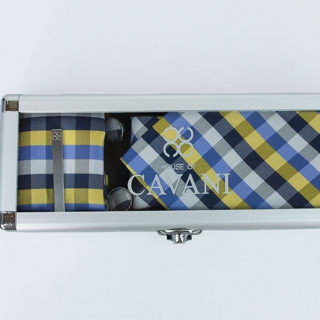 Stylish Cavani Yellow Check Tie Set in Premium Gift Box - Perfect for Business Meetings, Weddings & Formal Events