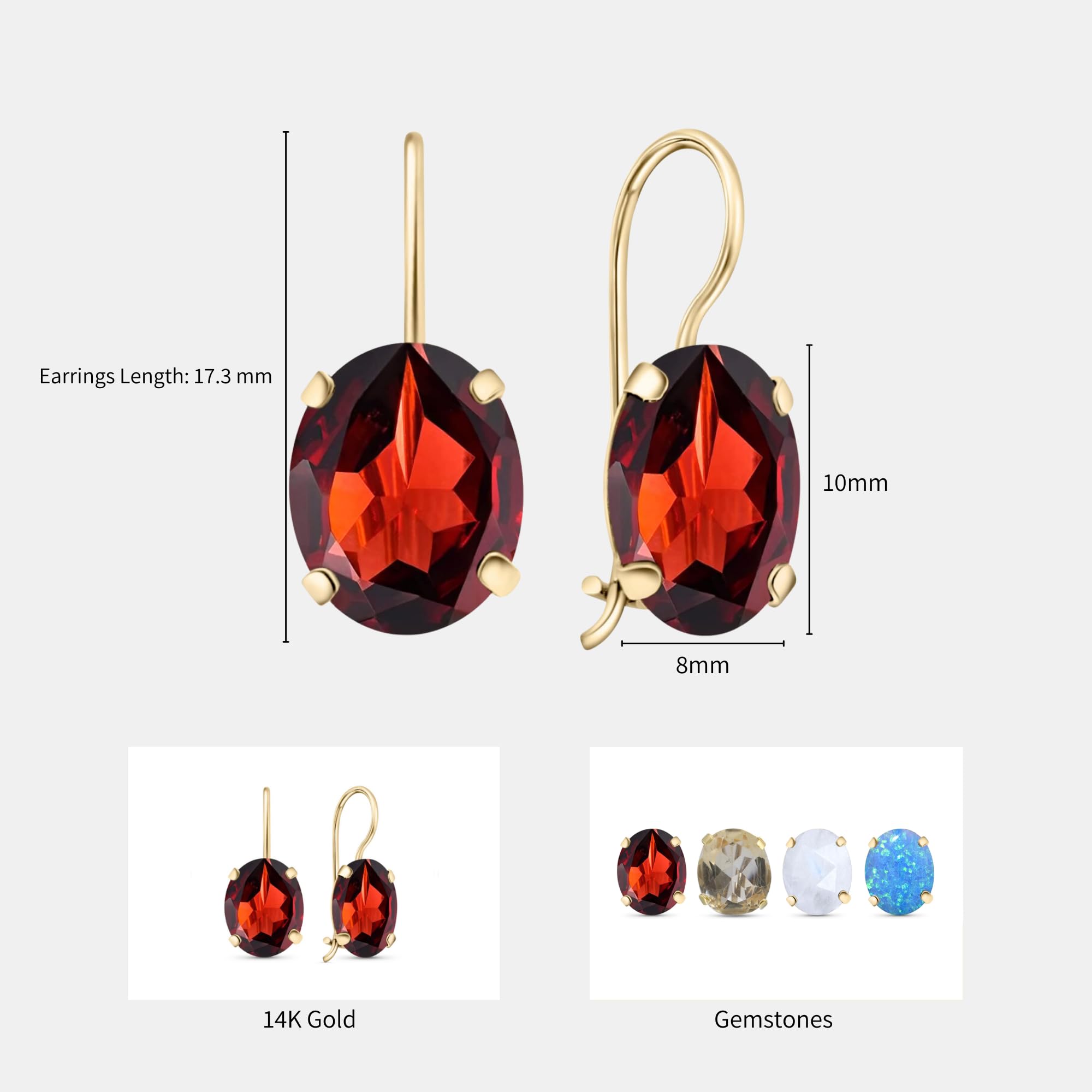 14K Gold Garnet Earrings for Women - 8x10mm Oval Gemstone Dangle Drop Earrings - January Birthstone Jewelry - Elegant & Timeless Gift for Her - Perfect for Weddings, Anniversaries & Special Occasions
