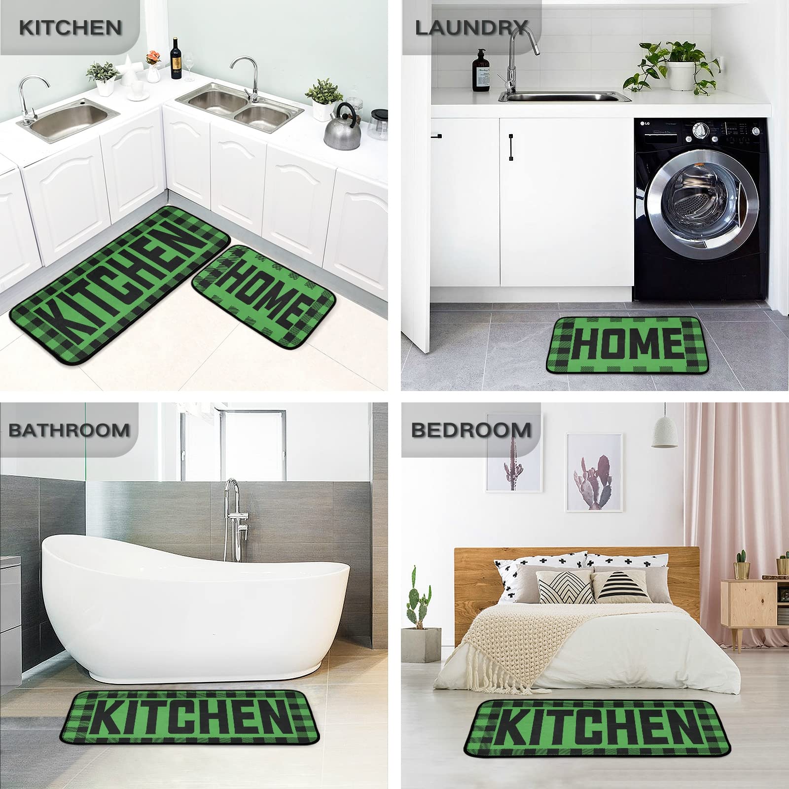 Buffalo Plaid Checked Green & Black Anti-Fatigue Kitchen Mat Set of 2 - Non-Slip Cushioned Heavy Duty Foam Runner Rugs for Farmhouse, Laundry & Standing Comfort - Perfect for Kitchens, Mudrooms & Entryways