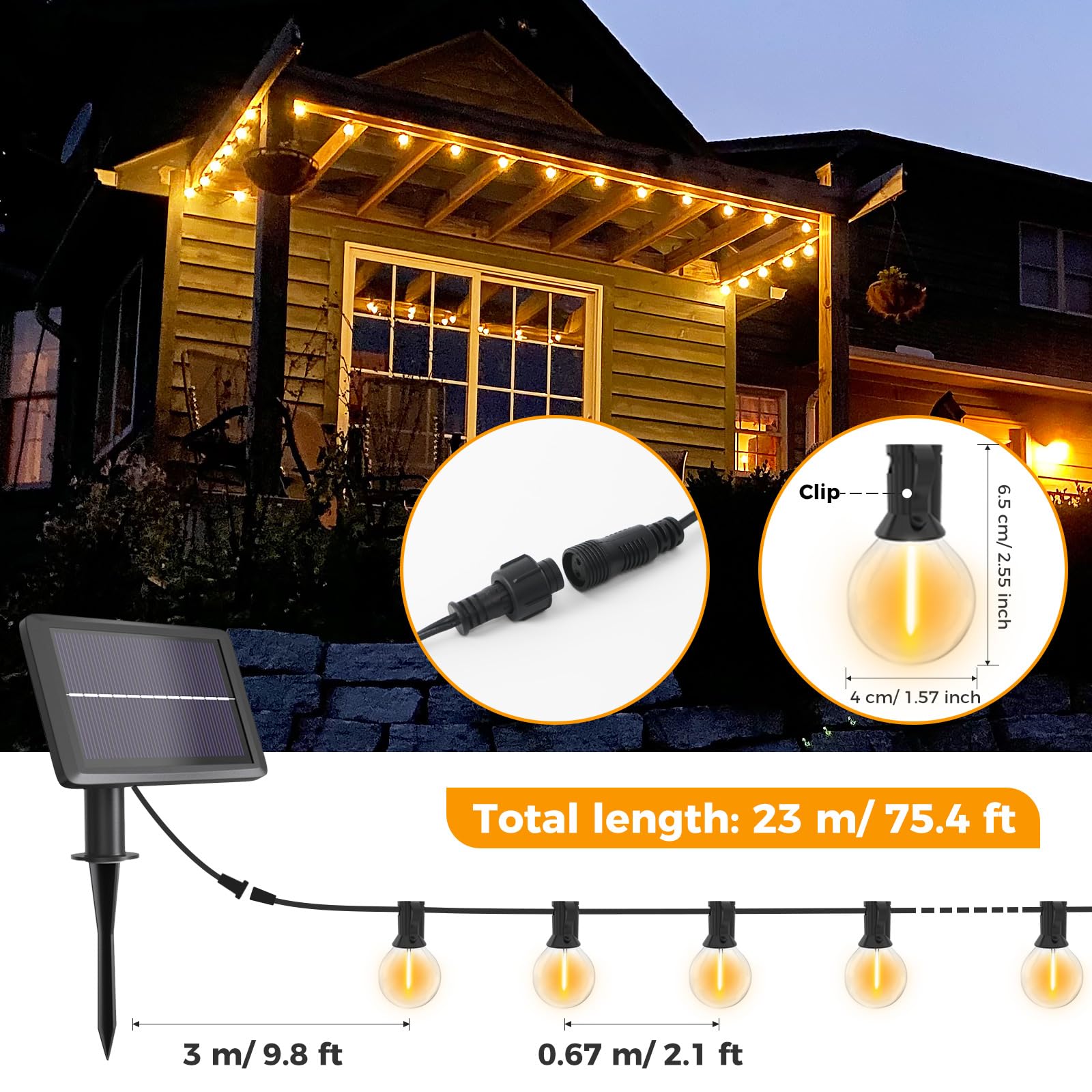 75FT Solar String Lights Outdoor Waterproof - 30+3 LED Shatterproof G40 Bulbs with 4 Light Modes - Solar Powered Hanging Lights for Backyard, Garden, Patio, Balcony Decor - Perfect for Parties, Weddings & Outdoor Gatherings
