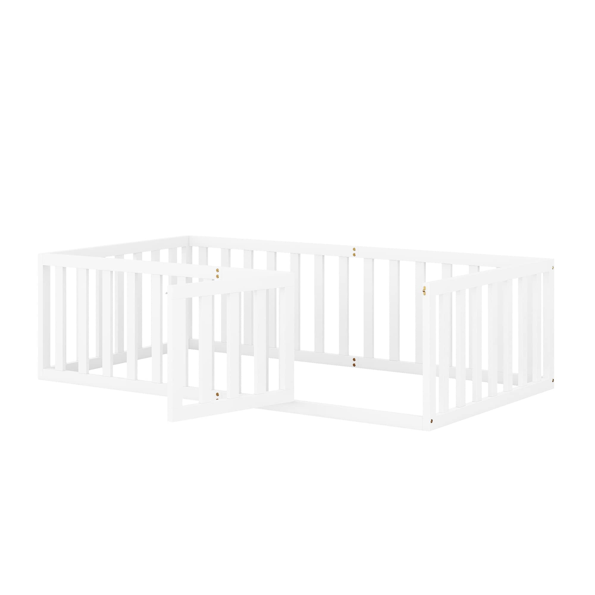 SOFTSEA Twin Floor Bed Frame with Safety Rails - Montessori Style Low Profile Kids Bed for Boys & Girls - Sturdy White Wooden Bed with Fence - Perfect for Toddler Rooms, Daycare Centers & Montessori Classrooms