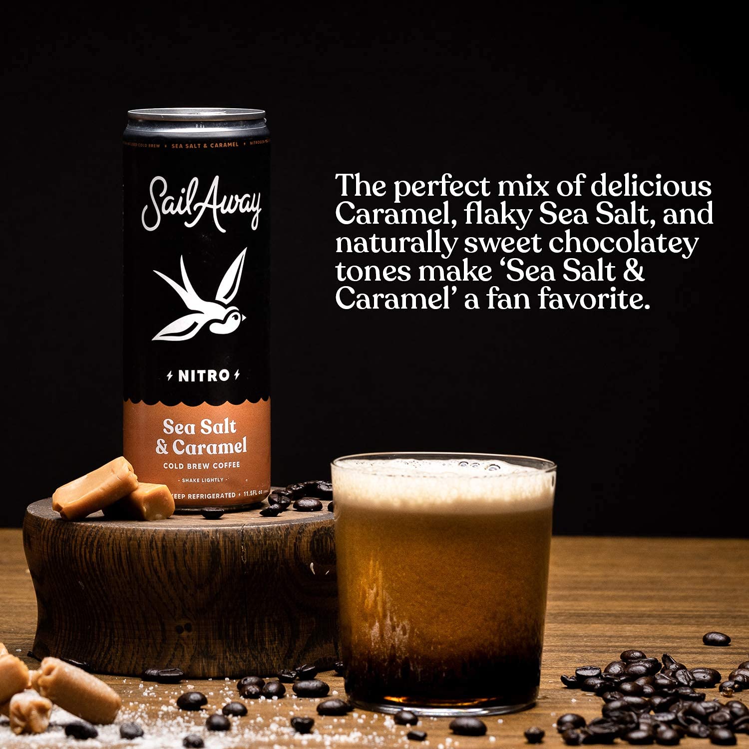 Nitro Cold Brew Coffee Cans - Low Acid Coffee Beverage with Nitrogen Infusion | 220mg Caffeine, Gluten Free, Organic, Keto Friendly, Sea Salt & Caramel Flavored (24 Pack) - Perfect for Office, Gym & Outdoor Adventures