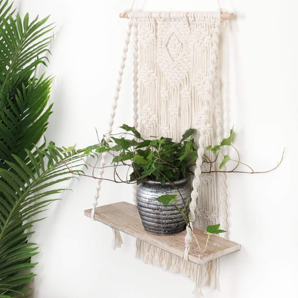 Handmade Macrame Wall Hanging Shelf - Boho Wooden Shelf Organizer with Rope Hanger for Plants | Home Decor for Living Room, Bedroom & Boho Style Spaces