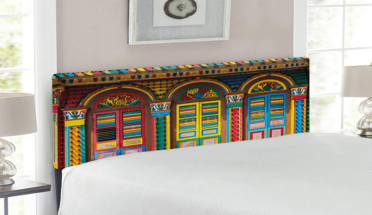 Ambesonne Vibrant South Asian Singapore Architecture Upholstered Metal Headboard - Queen Size Decorative Bed Headboard with Memory Foam, Multicolor | Perfect for Bohemian & Eclectic Bedroom Decor