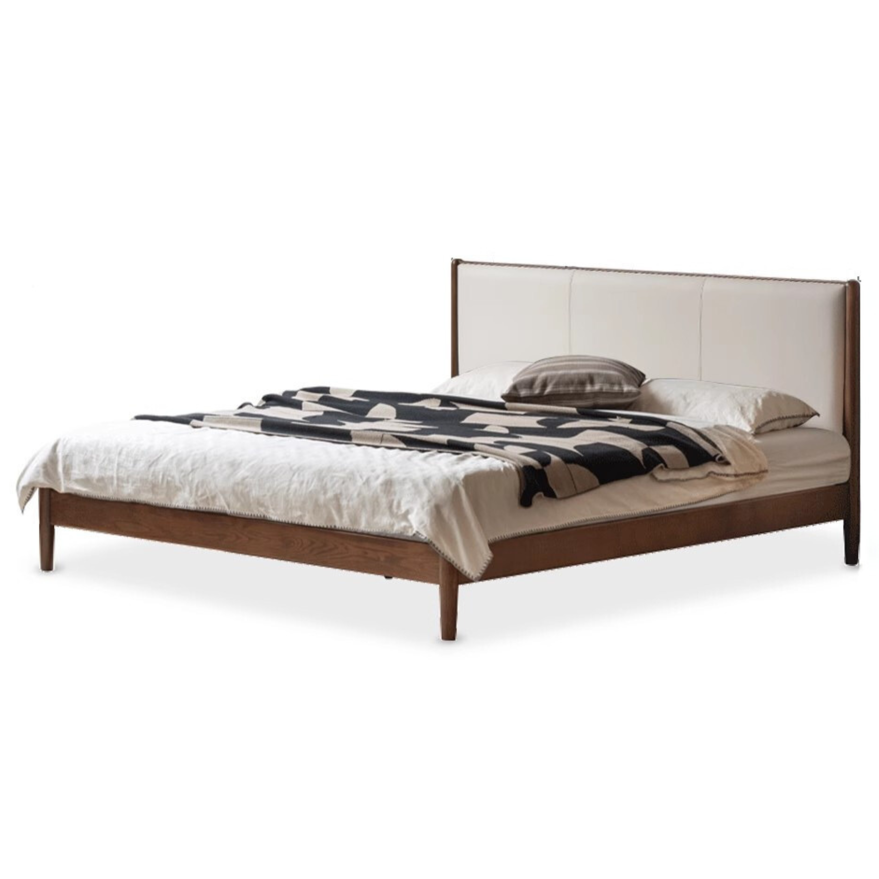 Italian Light Luxury Oak Solid Wood Leather Soft Bed - Elegant and Durable Bed Frame for Master Bedroom, Guest Room, or Modern Home Decor