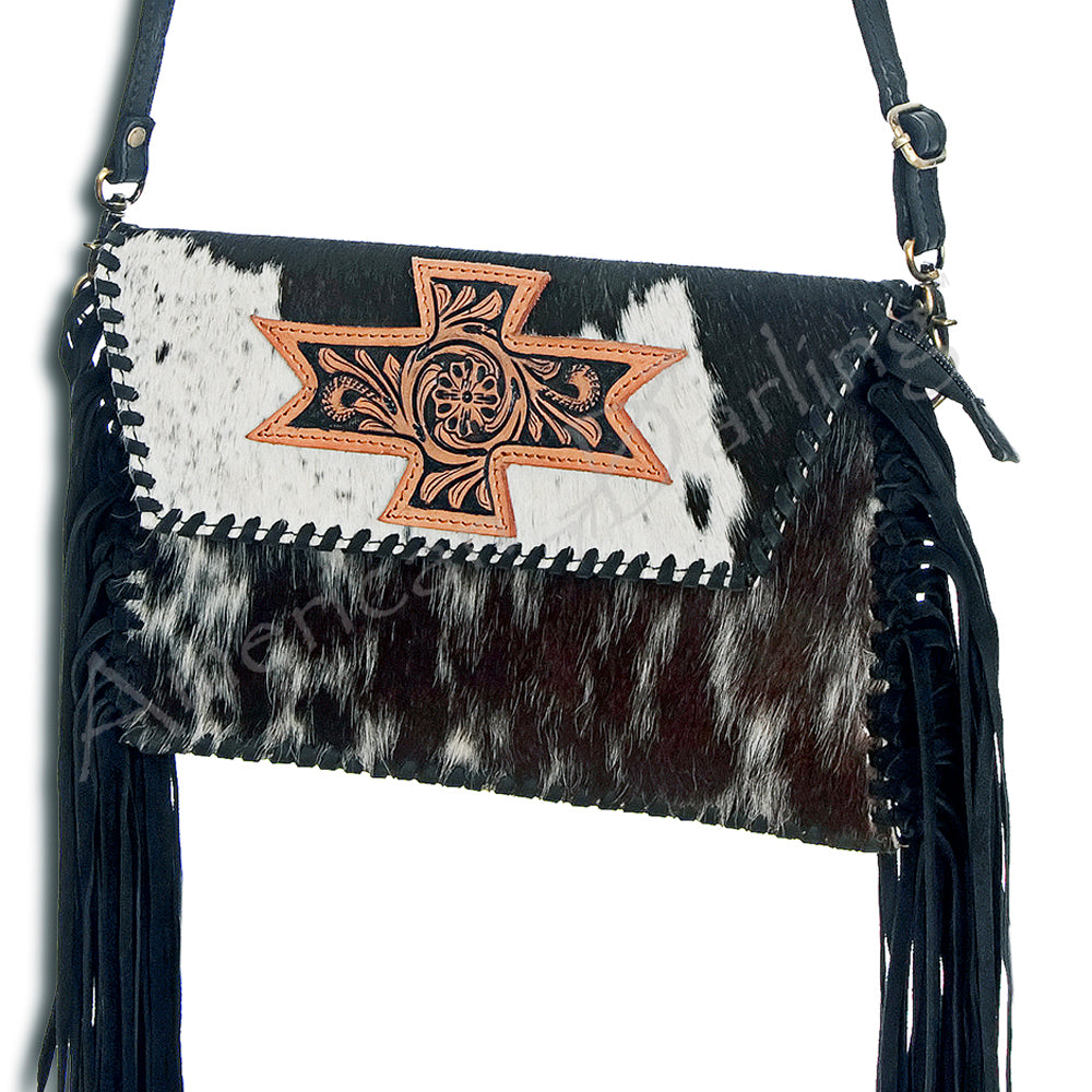American Darling ADBGD106BKWBR Hand-Tooled Genuine Leather Women's Western Handbag with Hair-On Hide - Perfect for Cowgirl Fashion, Rodeo Events & Country Style Outfits