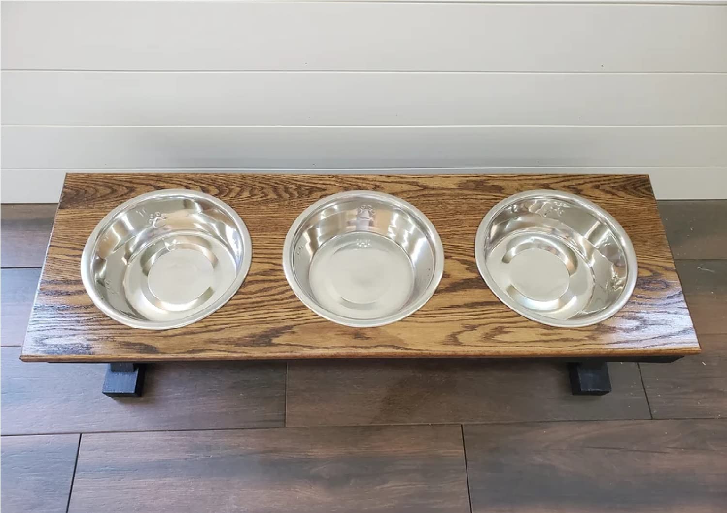 Elevated Dog Bowl Stand with 3 Bowls - Large Oak Raised Feeder for Big Dogs - Perfect for Dining Areas, Kitchens & Outdoor Use