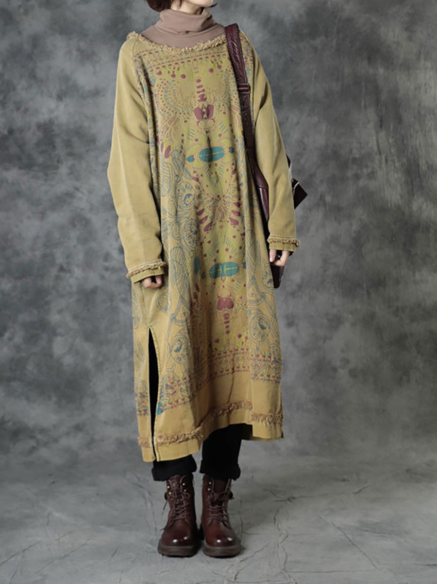 Women's Ethnic Print O-Neck Loose Cotton Dress for Fall - Boho Chic Autumn Fashion for Casual Outings & Weekend Wear