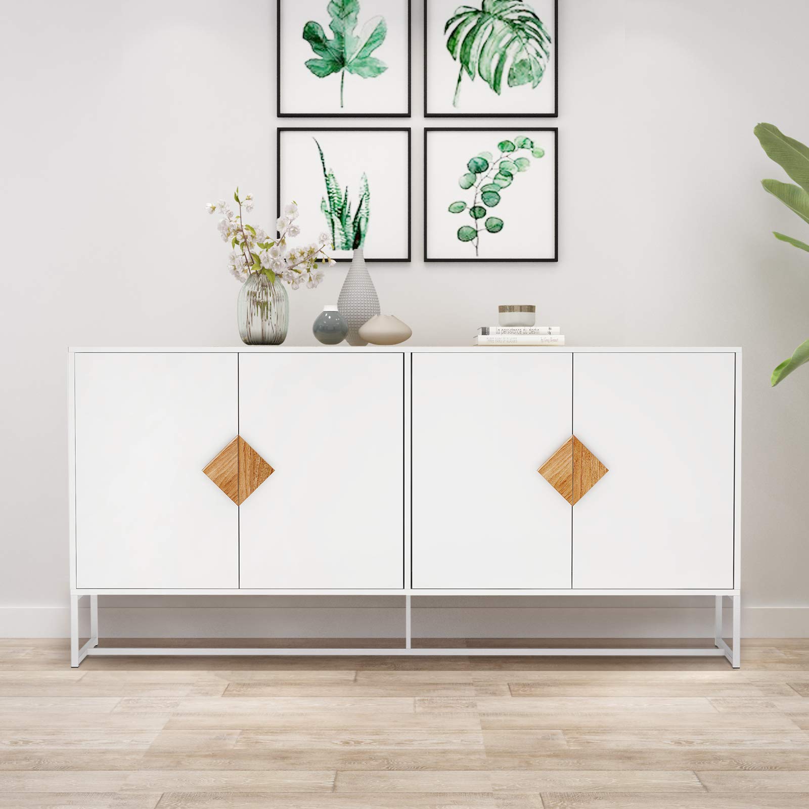 Elegant White Wood Buffet Sideboard with 4 Doors & Shelves - Modern Kitchen Storage Cabinet, Double Dresser, Entryway Console Table - Perfect for Living Room, Dining Room & Bedroom Storage & Entertainment Center