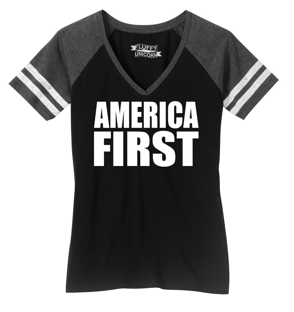 Funny America First President Donald Trump V-Neck T-Shirt for Women - Patriotic Political Humor Tee for Campaigns, Rallies & Conservative Events