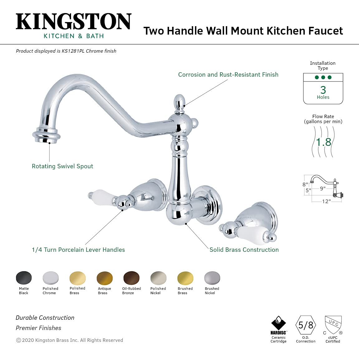 Kingston Brass KS1287PL Brushed Brass Wall Mount Kitchen Faucet - Modern Pull-Down Sprayer for Farmhouse & Commercial Style Sinks