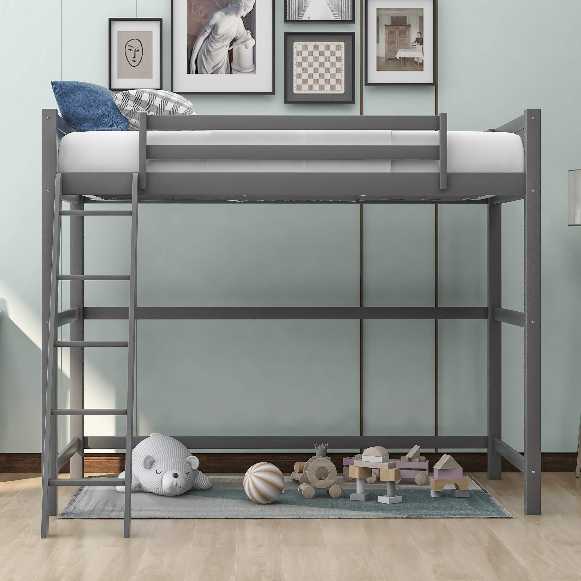 Merax Twin Size Solid Wood Loft Bed with Ladder for Kids & Teens - Gray | Spacious Under Bed Storage Space | Perfect for Small Bedrooms, Dorms & Kids' Rooms