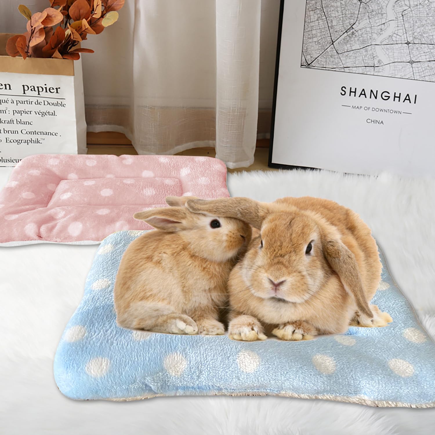 MANSHU Small Animal Plush Bed - Soft Bunny Bed for Rabbits, Squirrels, Hedgehogs - Cozy Pink & Blue 2-Piece Set - Perfect for Small Pet Cages, Playpens & Home Decor
