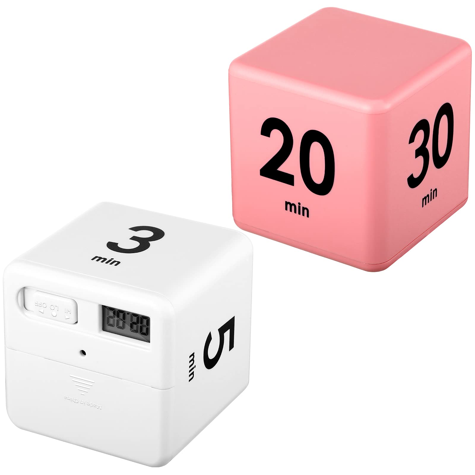 2-Pack Cube Timers with Gravity Sensor - 1/3/5/10/15/20/30/60 Minute Settings for Kids Study, Workout & Games (White & Pink) - Perfect for Classroom, Home & Office Time Management