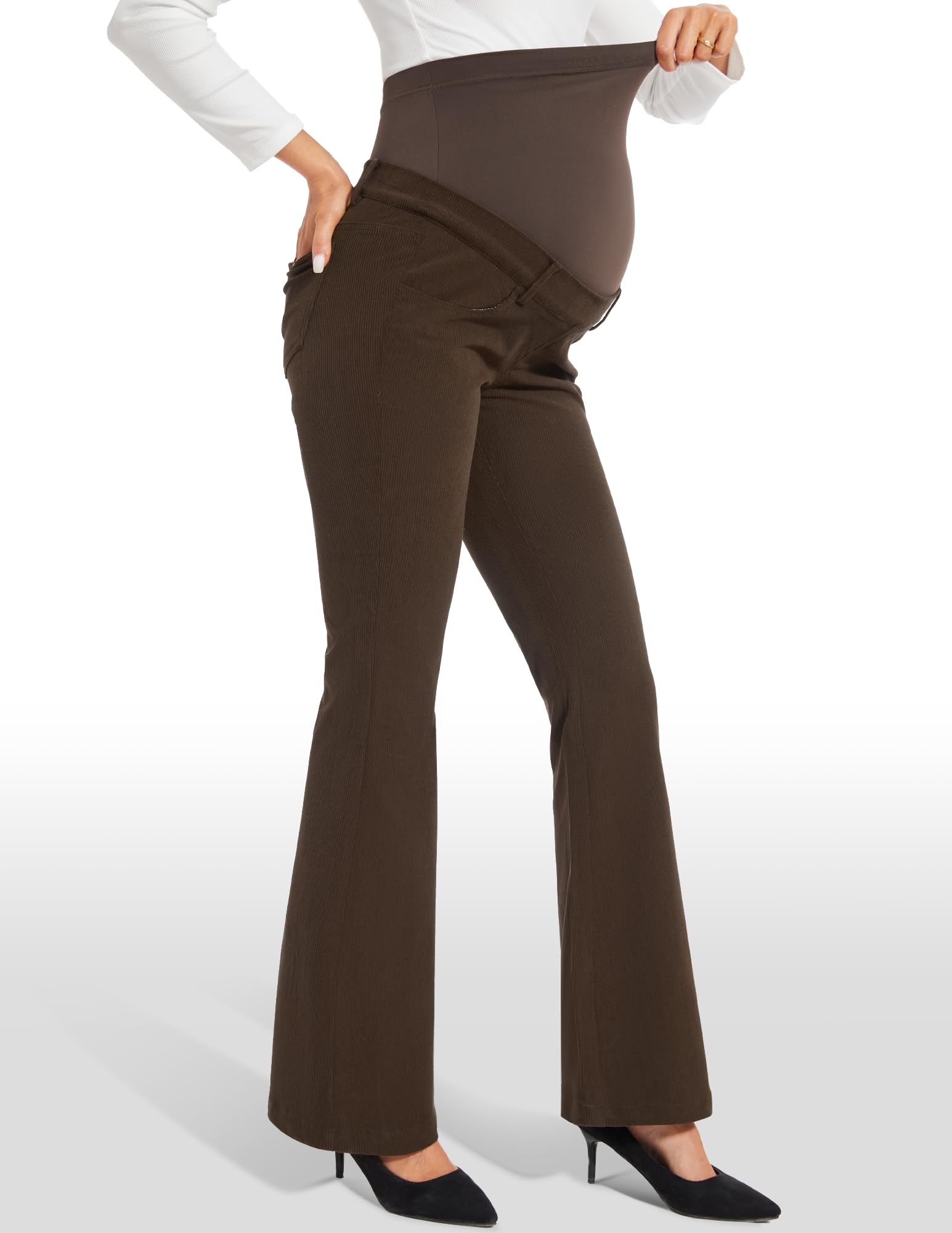 AMPOSH Women's Maternity Corduroy Pants - Over The Belly Stretch Flare Leg Pregnancy Pants with Pockets | Soft Comfortable for Everyday Wear, Work & Casual Outfits