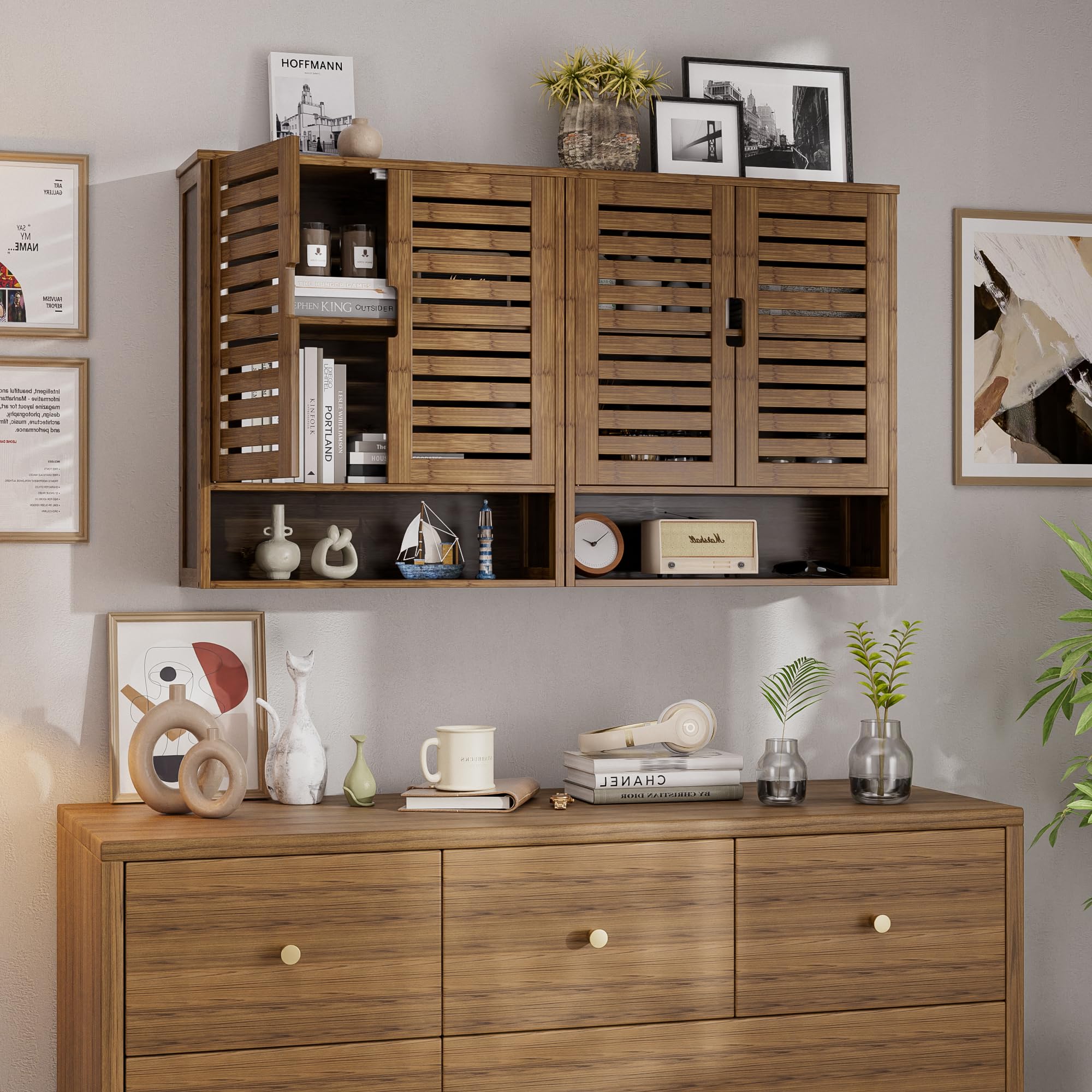 SMIBUY Wall Mounted Bamboo Bathroom Cabinet - Over The Toilet Storage Organizer with 2 Doors & Adjustable Shelves - Space Saving Medicine Cabinet for Bathroom Organization (Walnut) - Perfect for Small Bathrooms, Apartments and RV Living