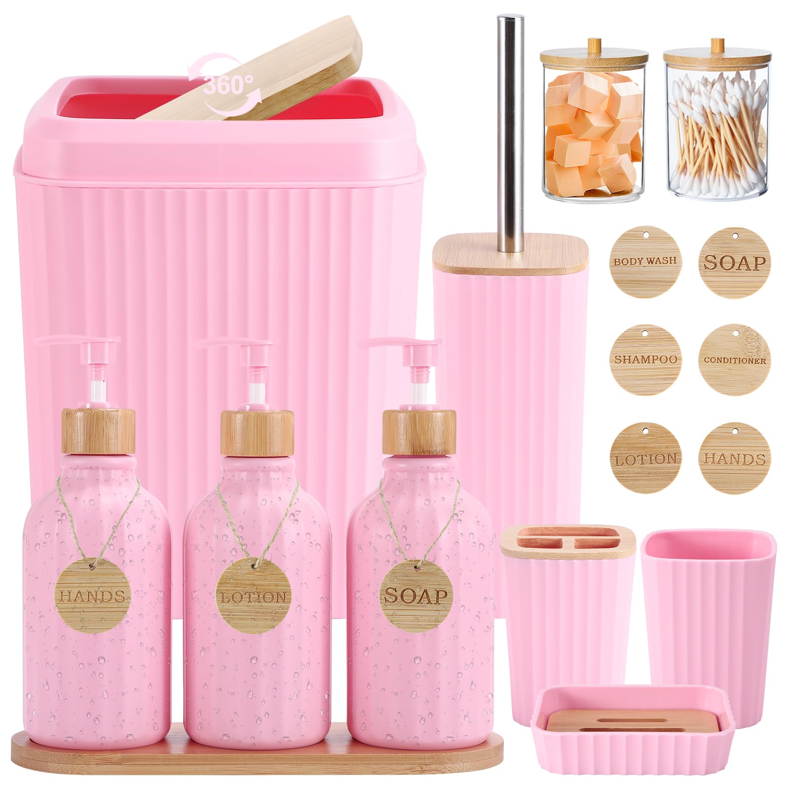 17PCS Pink Bathroom Accessories Set with Trash Can, Soap Dispenser, Toothbrush Holder & Tray - Modern Bath & Kitchen Organization for Home, Spa, Hotel Decor