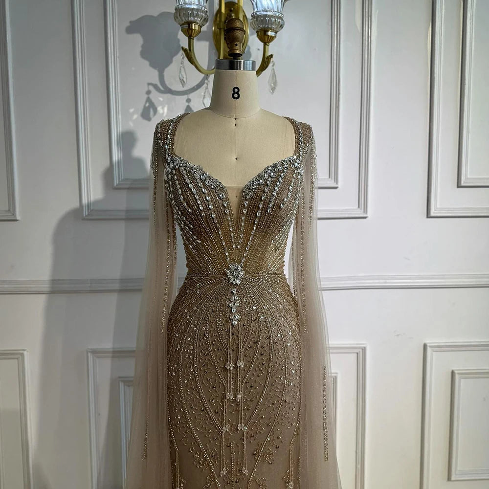 Elegant Beige Beaded Evening Dress with Cape Sleeves - LA72992 | Formal Gown for Prom, Wedding & Special Occasions