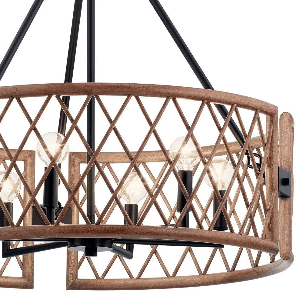 6-Light Country Rustic Wood Lattice Drum Shade Chandelier - Farmhouse Ceiling Light Fixture for Dining Room, Kitchen, Living Room & Bedroom