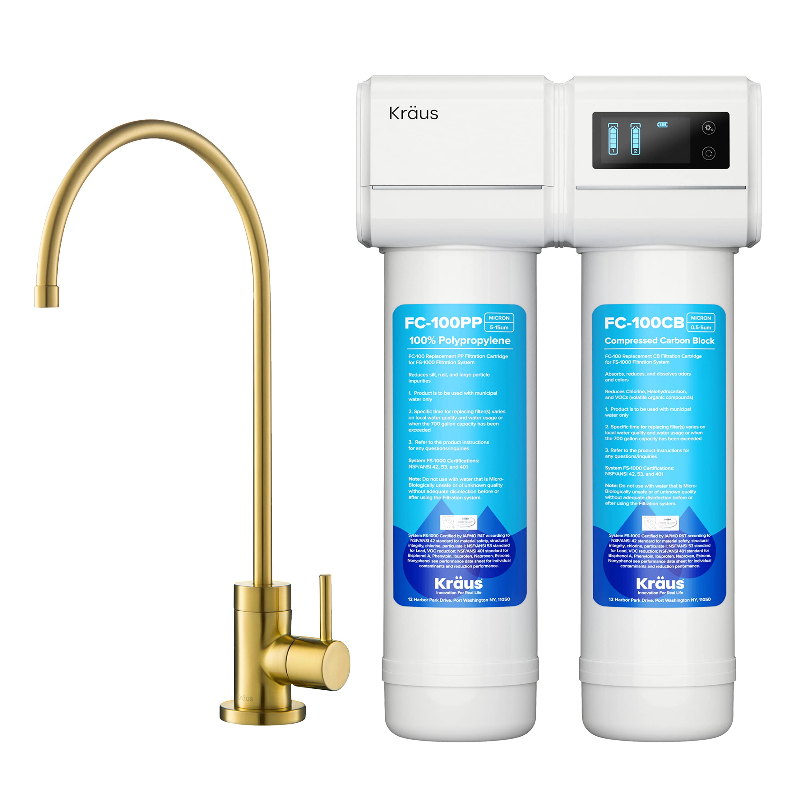 KRAUS Purita 2-Stage Under Sink Water Filter System with Brushed Brass Drinking Water Faucet - Clean & Safe Drinking Water for Kitchen, Office, RV