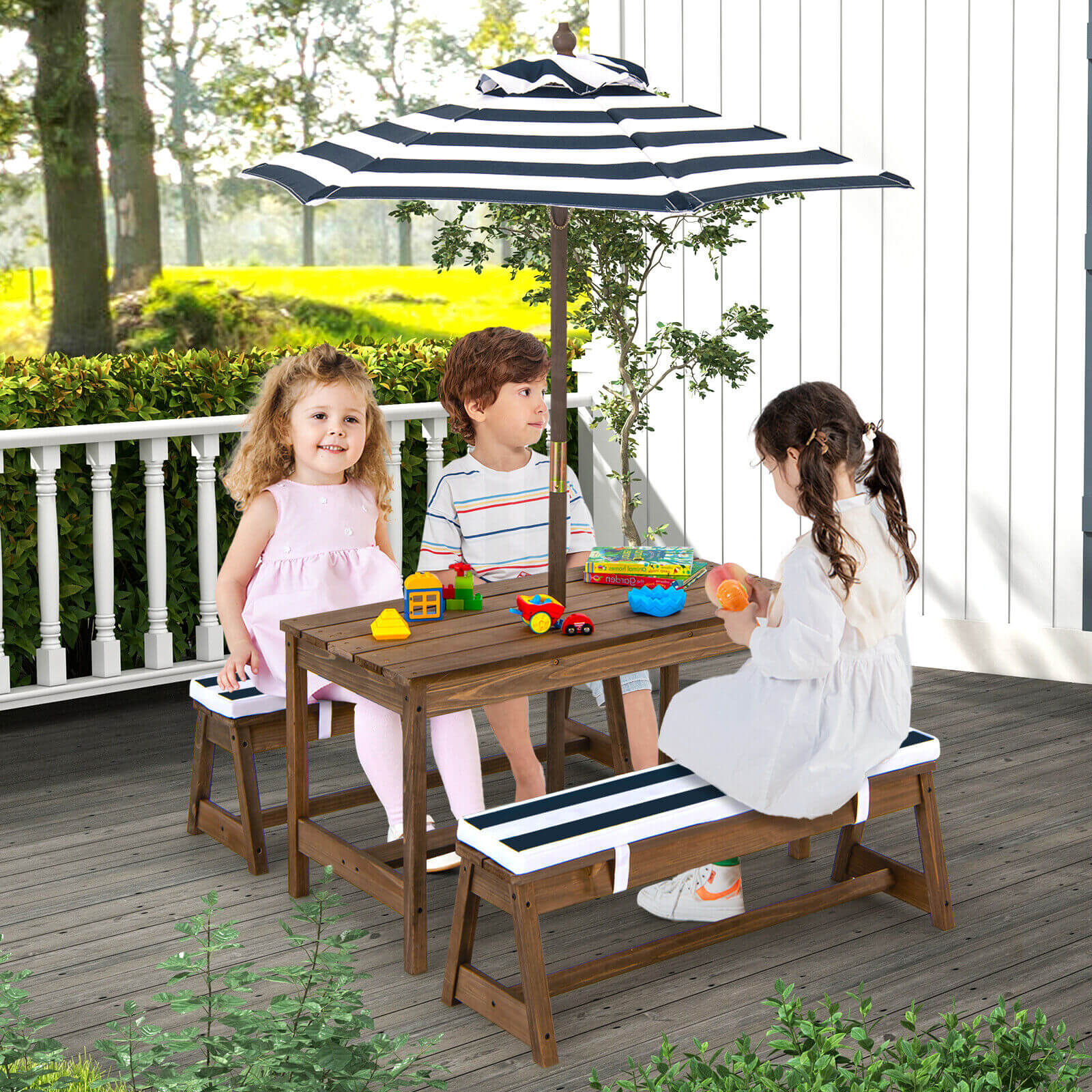 Adjustable Height Kids Picnic Table Set with Cushions & Umbrella - Outdoor Play, Backyard Dining, Birthday Parties - Blue