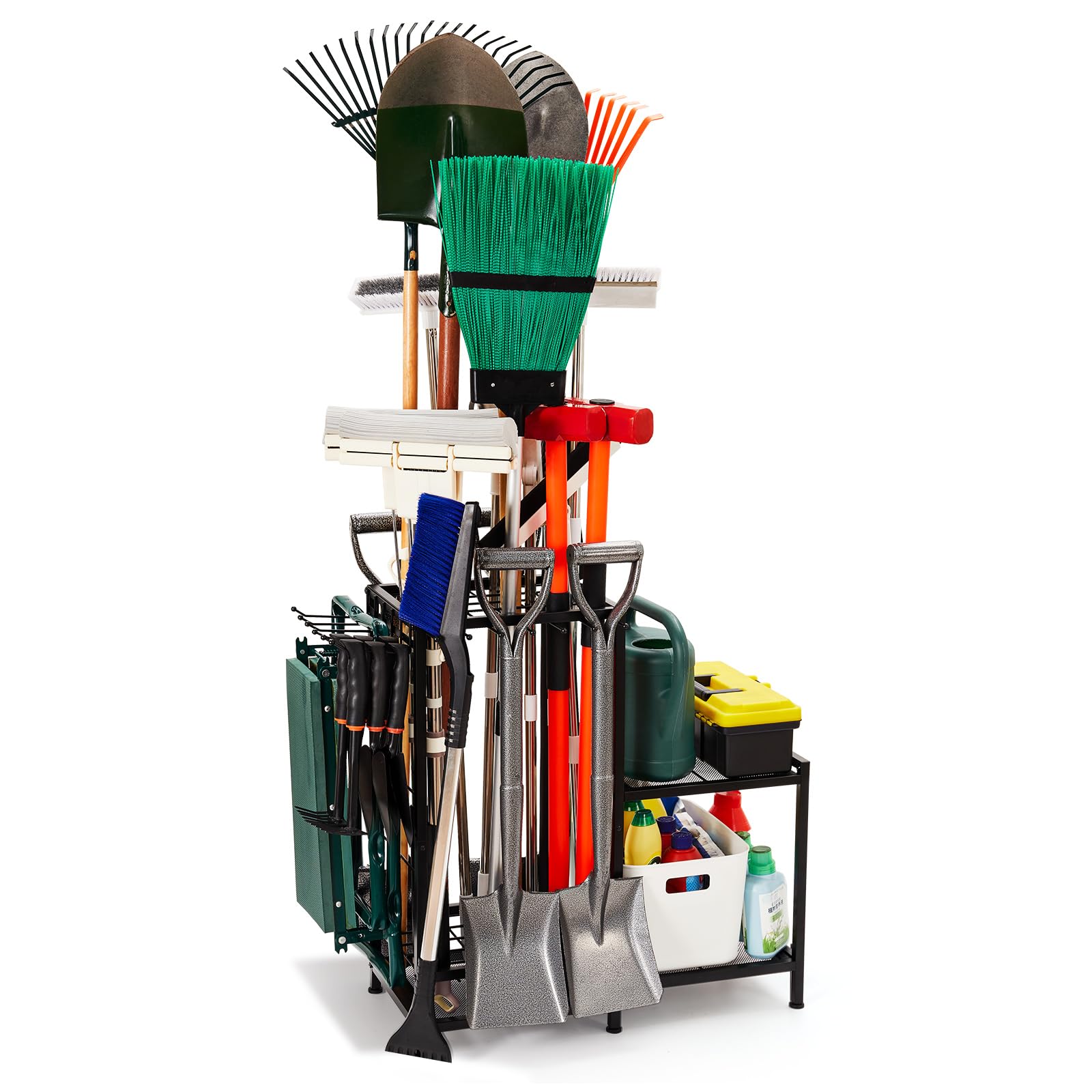 Heavy-Duty 2-Tier Steel Garden Tool Organizer - Holds 50+ Long-Handled Tools, Rakes, Brooms & Shovels - Black Garage & Shed Storage Solution for Outdoor Lawn Care - Easy Assembly - Perfect for Backyard, Workshop & Farm Organization