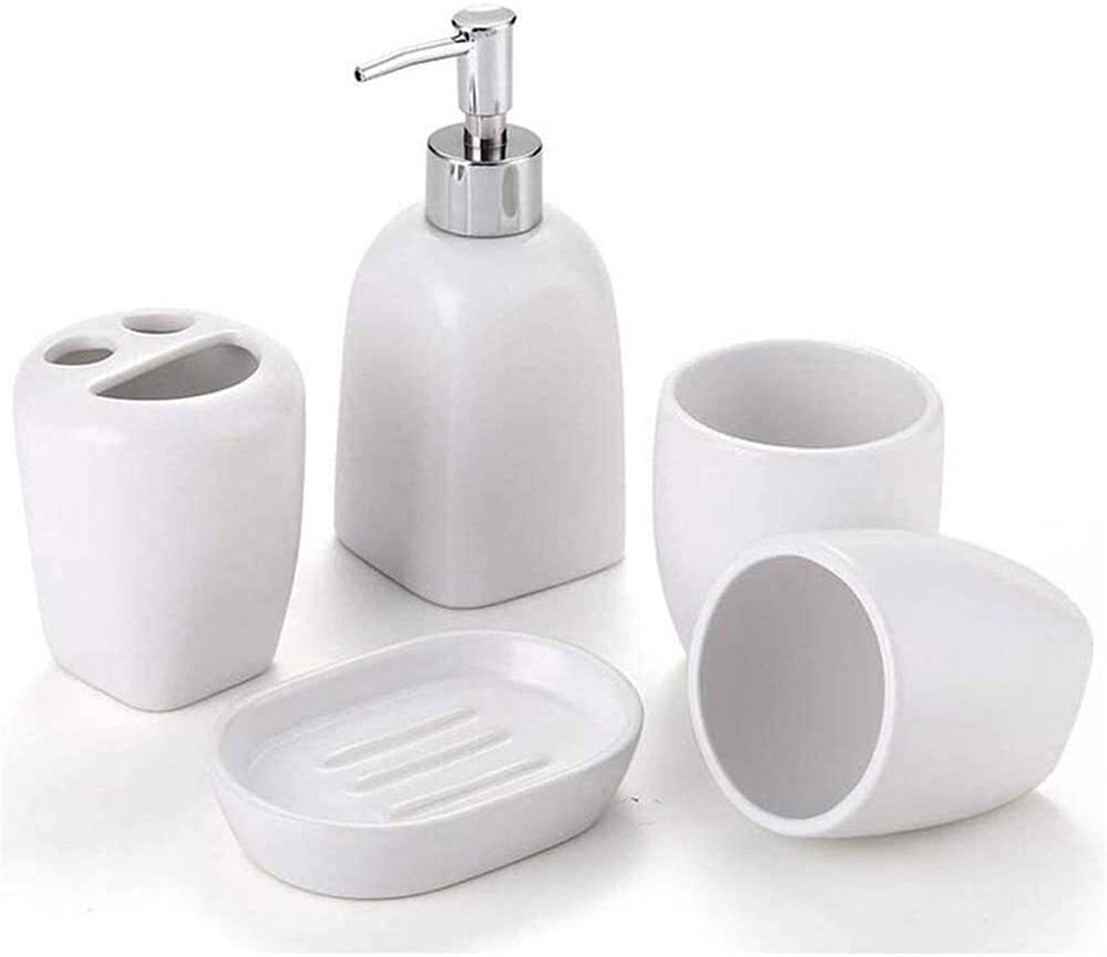 Premium White Ceramic 5-Piece Bathroom Set - Soap Dispenser, Toothbrush Holder, Mouthwash Cup, Soap Dish | Elegant Hotel-Style Decor for Home, Spa & Guest Bathrooms