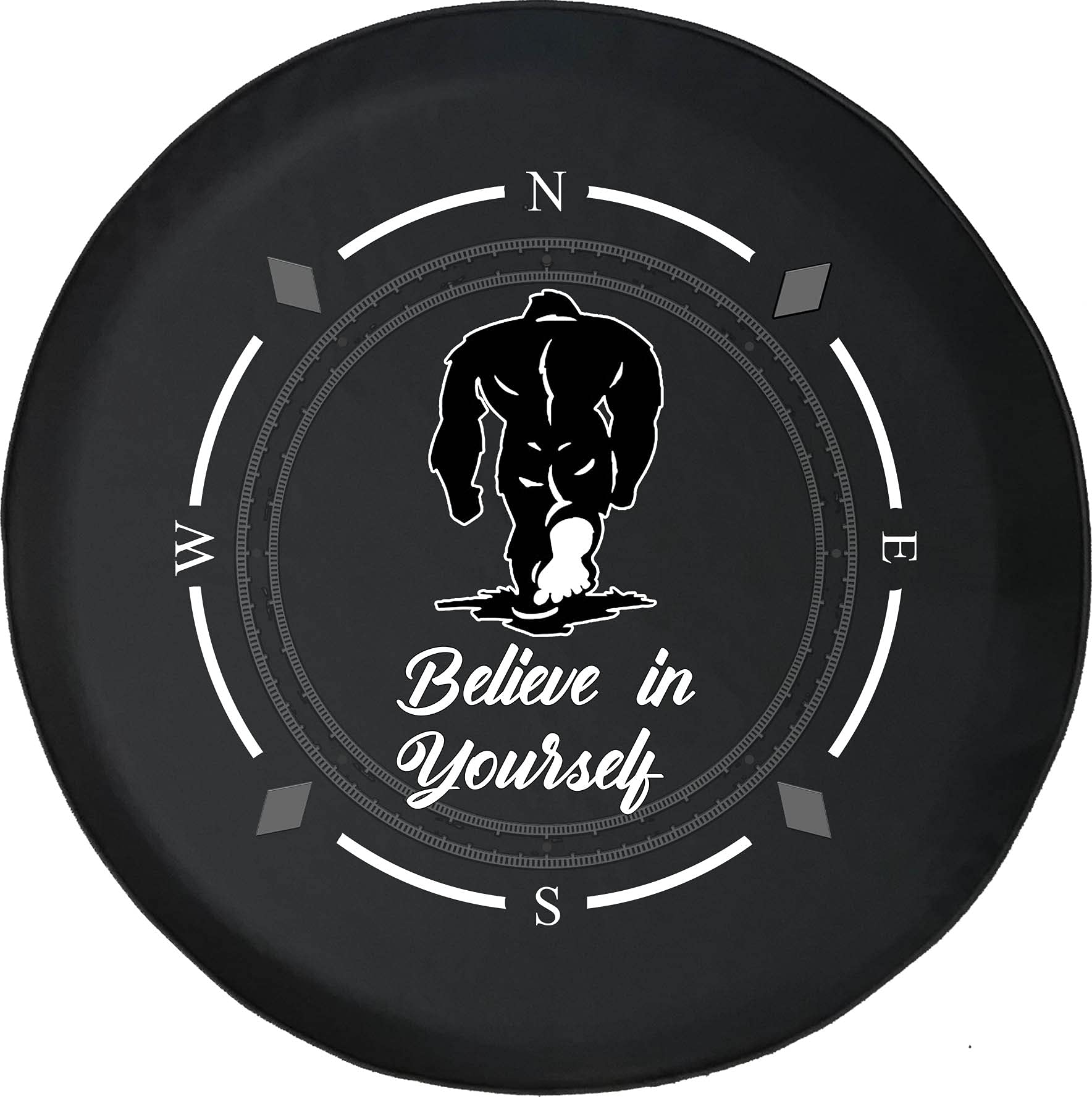American Unlimited Spare Tire Cover with Compass Design - 'Believe in Yourself' Bigfoot Wheel Cover for SUV, Trailer, RV & Most Vehicles - Durable Off-Road Accessory for Camping & Outdoor Adventures