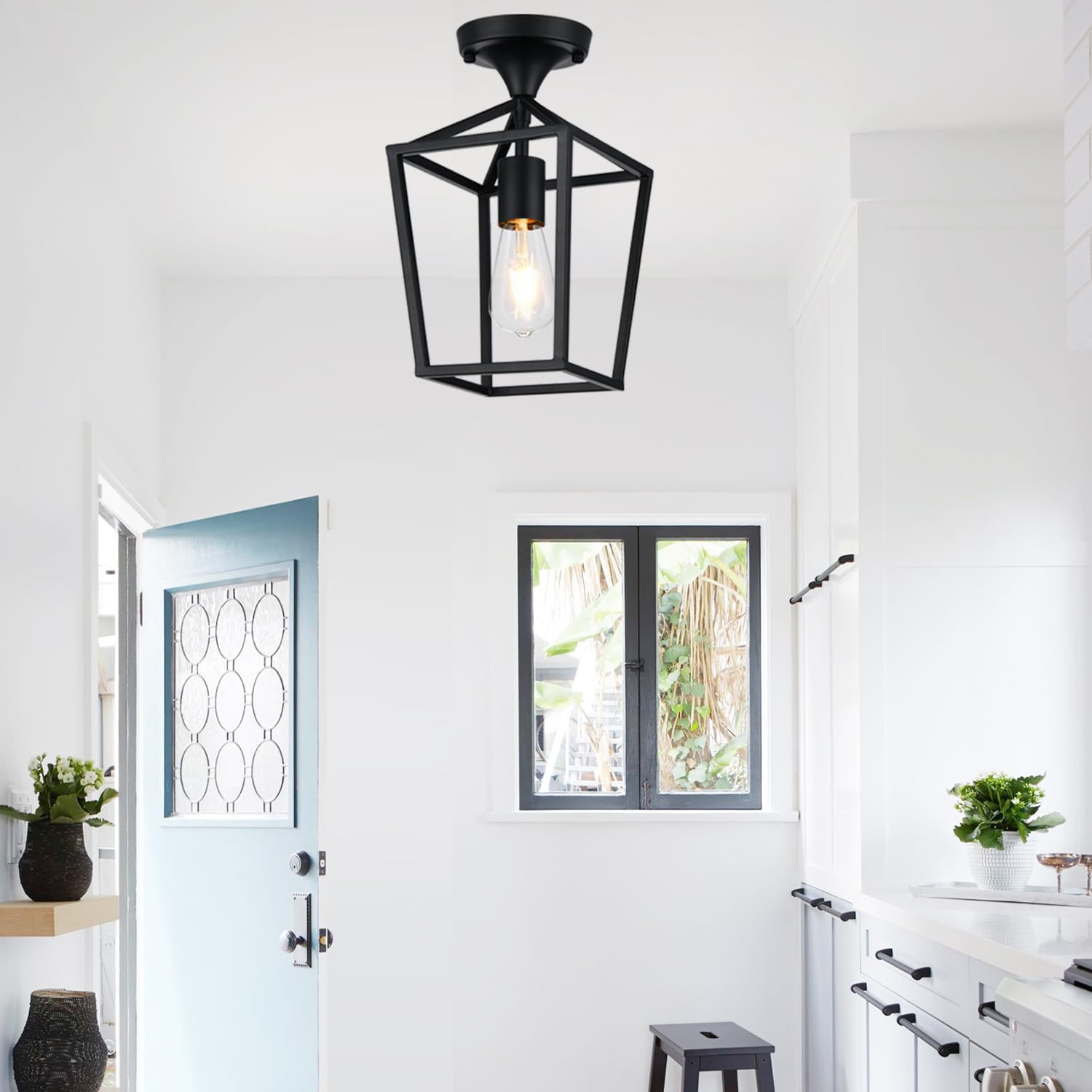 Upgraded Black Industrial Semi Flush Mount Ceiling Light - Farmhouse Style Lighting Fixture for Entryway, Porch, Hallway, Stairway, Garage, Living Room, Dining Room & Balcony | Durable & Stylish Home Decor Lighting Solution