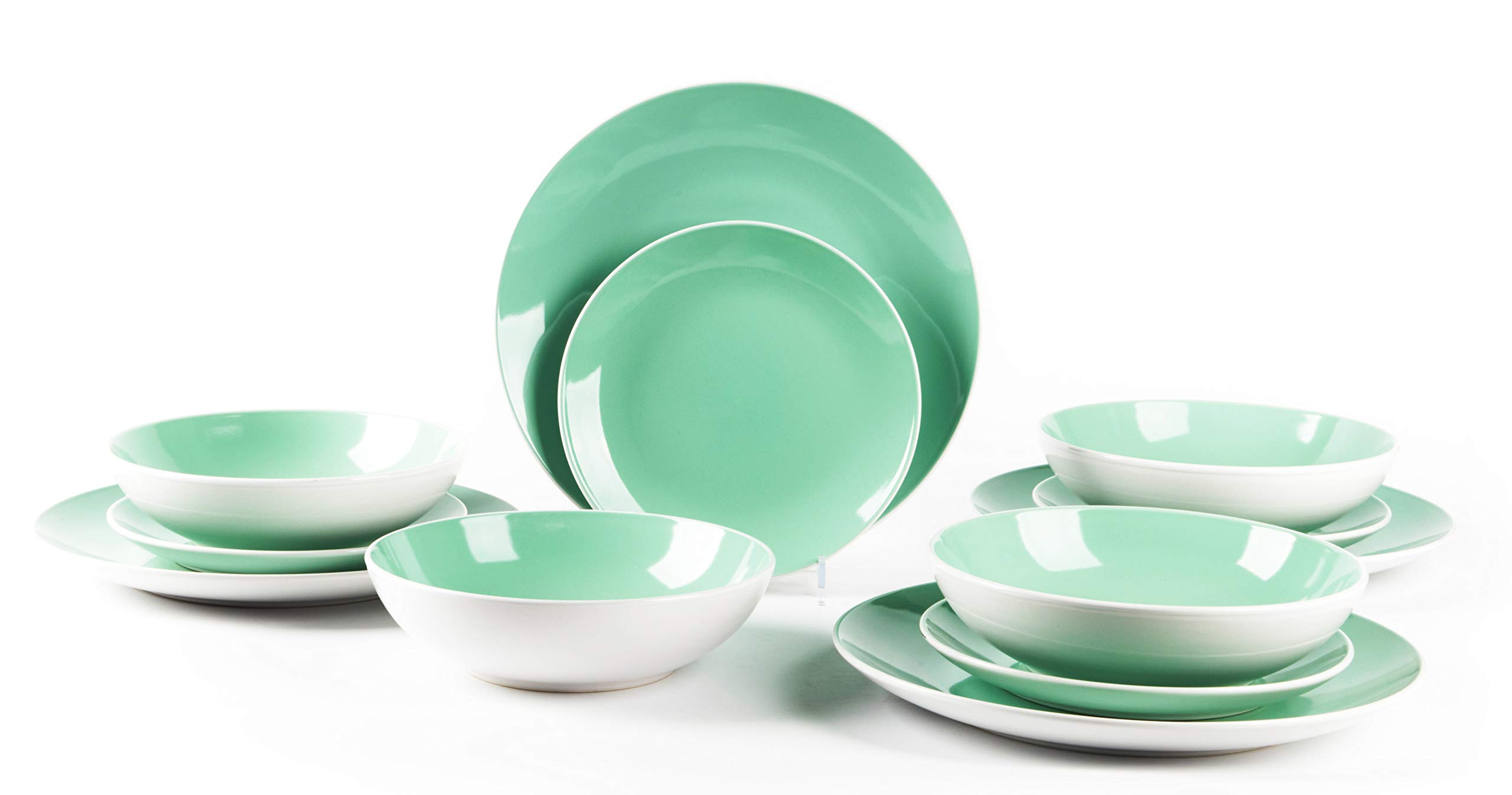 12-Piece Stoneware Coupe Dinnerware Set - White Exterior & Teal Interior | Elegant Tableware for Everyday Dining, Dinner Parties & Home Decor