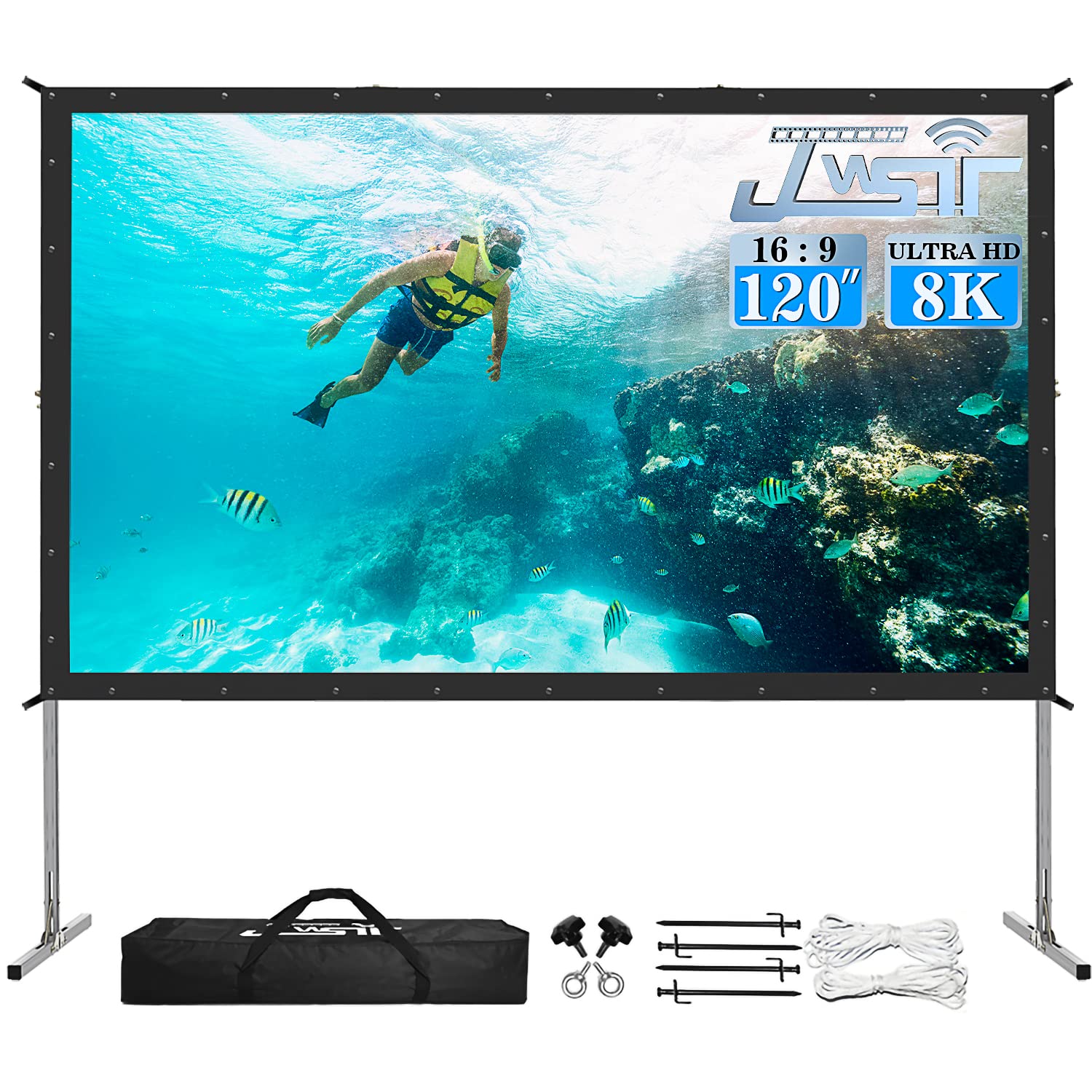 JWSIT 120 Inch Outdoor Projector Screen with Stand - 3 Layer PVC 16:9 Movie Screen for Home Backyard Theater, Includes Carrying Bag (Rear Projection Compatible) - Perfect for Outdoor Movie Nights, Camping, and Backyard Parties