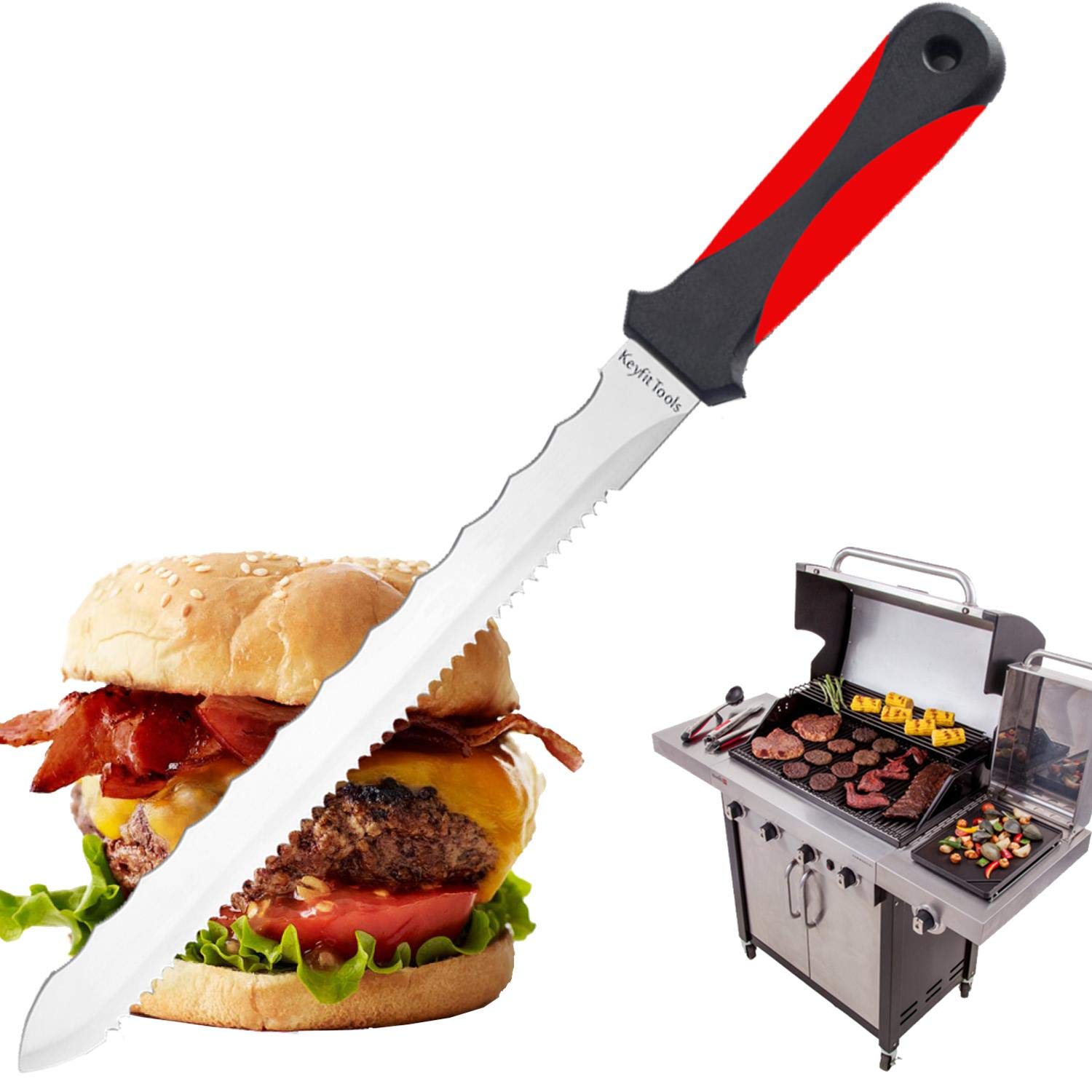 Premium 2-Sided Serrated Stainless Steel BBQ Grill Knife - Heavy Duty Grilling Tool for Cutting Jumbo Hamburgers, Steaks & Meats - Perfect for Backyard BBQs, Tailgating & Outdoor Cooking