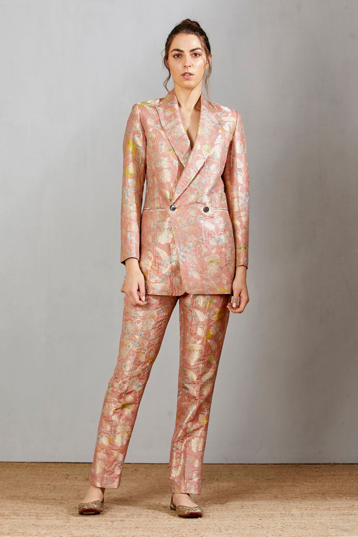 Double Breasted Silk Brocade Blazer in Salmon Pink | Women's Formal Business Jacket | Perfect for Office Wear, Weddings & Special Occasions