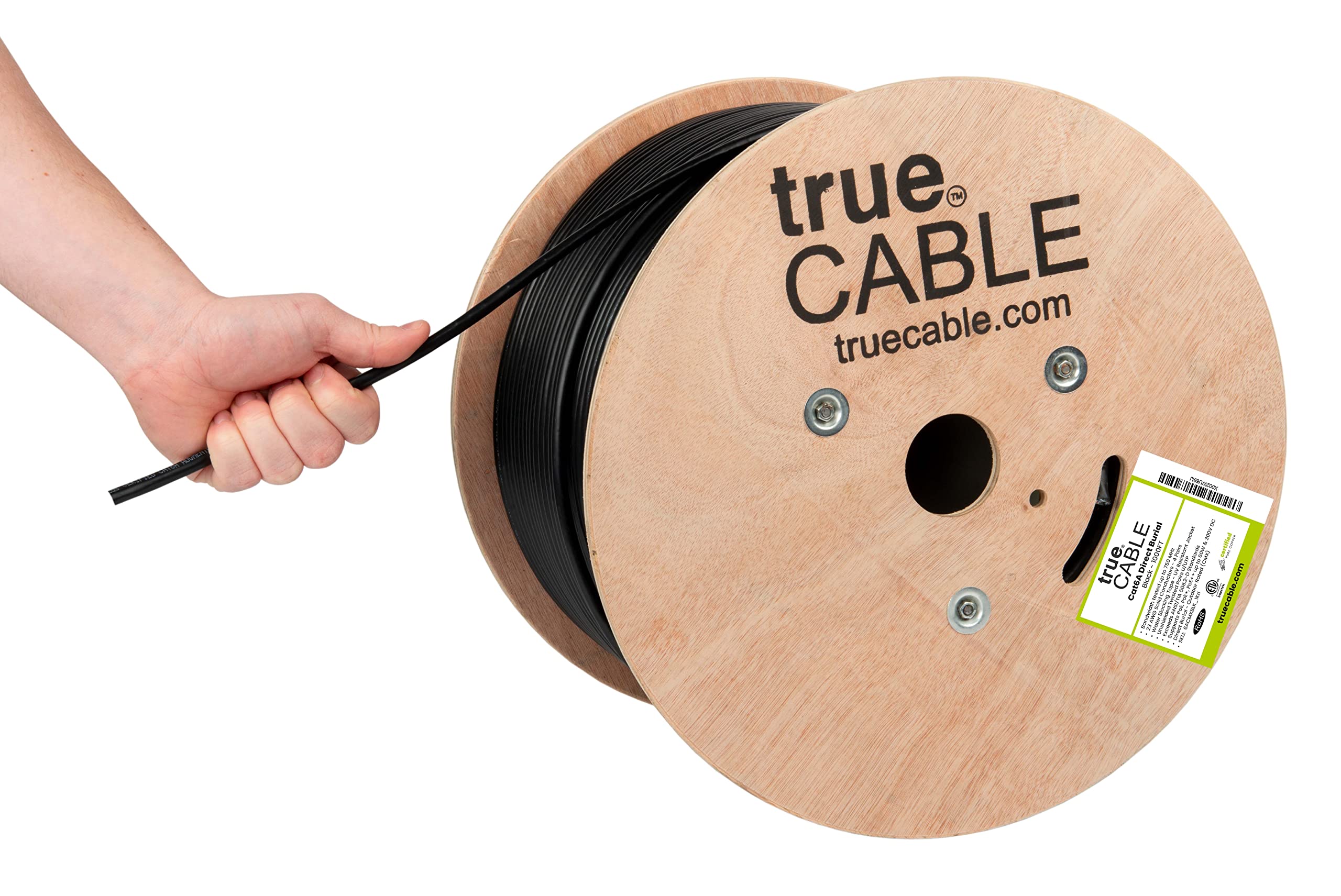 trueCABLE Cat6A Direct Burial Ethernet Cable - 1000ft Waterproof Outdoor Rated CMX, 23AWG Solid Bare Copper, 750MHz, PoE++ (4PPoE), ETL Listed UTP Bulk Cable for Outdoor Networking, Security Cameras & Smart Home Installations