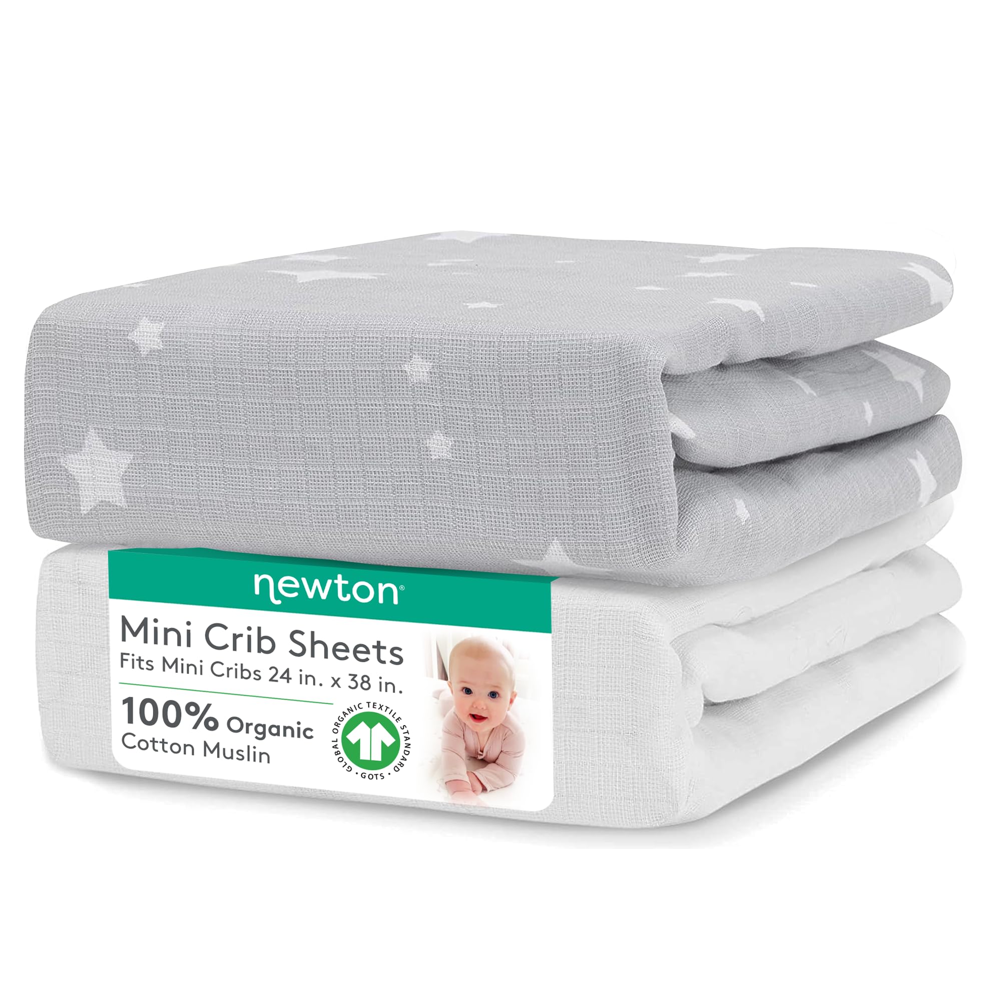 Organic Muslin Cotton Mini Crib Sheets 2-Pack - Breathable & Soft Baby Bedding for 24