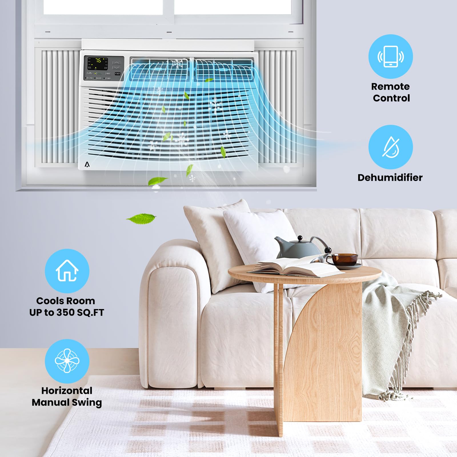 8000 BTU Window Air Conditioner - Fast Cooling for 350 Sq.Ft Rooms, Wi-Fi Enabled Smart AC Unit with Remote Control, 3 Cooling Modes & Adjustable Fan Speeds, 115V Compact Air Conditioner for Bedroom, Office or Living Room - Perfect for Summer Cooling & Dehumidification