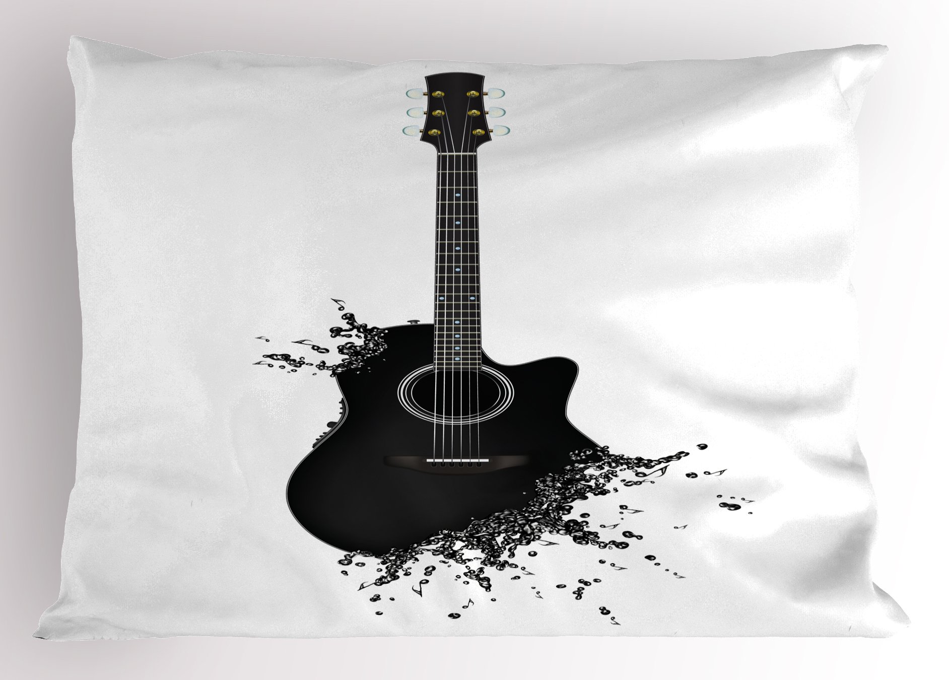 Ambesonne Guitar Pillow Sham - Monochrome Acoustic Instrument with Strings & Color Splashes - Decorative Queen Size Printed Pillowcase 30x20 Inches - Black & White - Perfect for Music Lovers' Bedroom & Living Room Decor