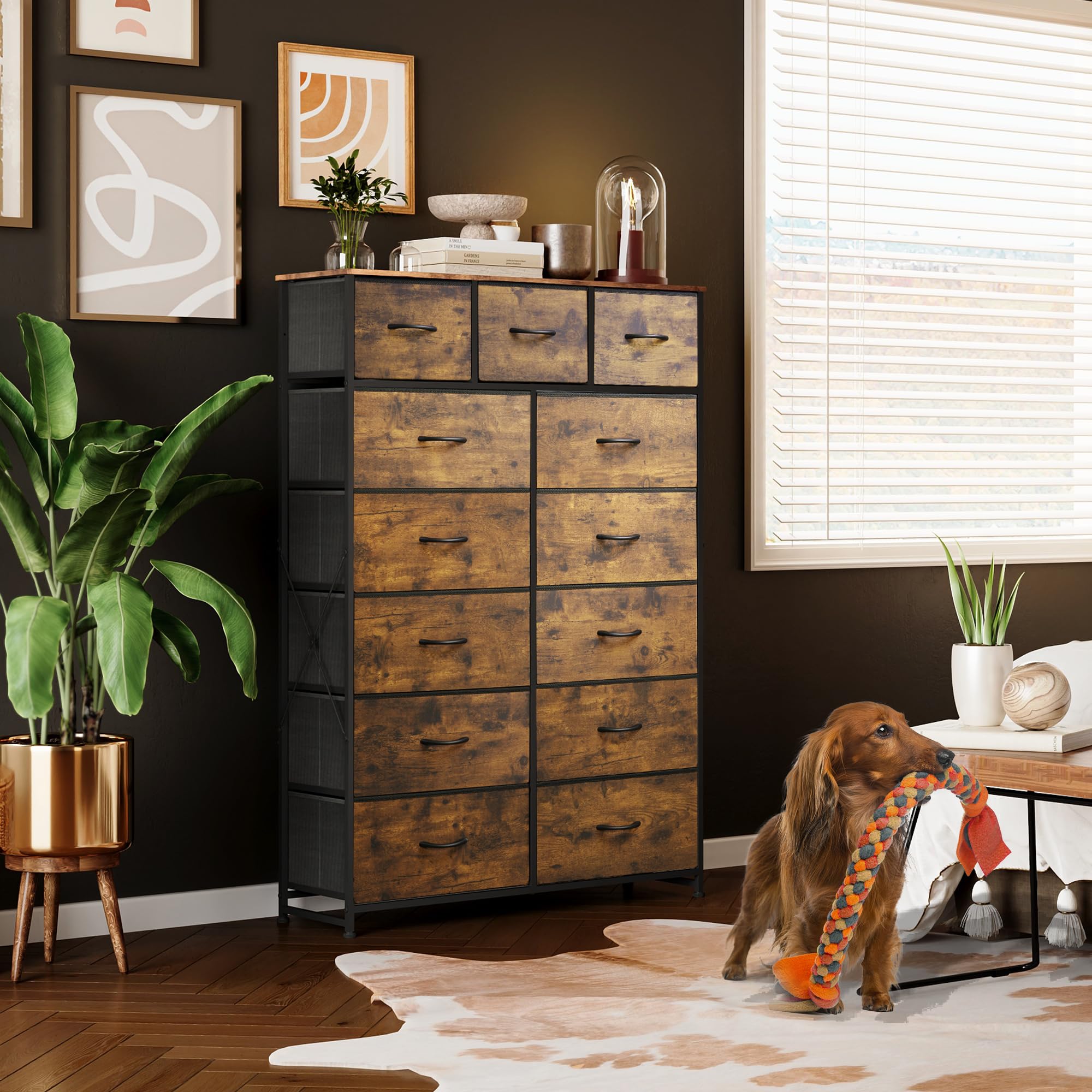 WLIVE 13-Drawer Tall Dresser for Bedroom - Fabric Storage Organizer with Steel Frame & Wood Top - Rustic Brown Wood Grain Print - Perfect for Bedroom, Closet & Home Organization