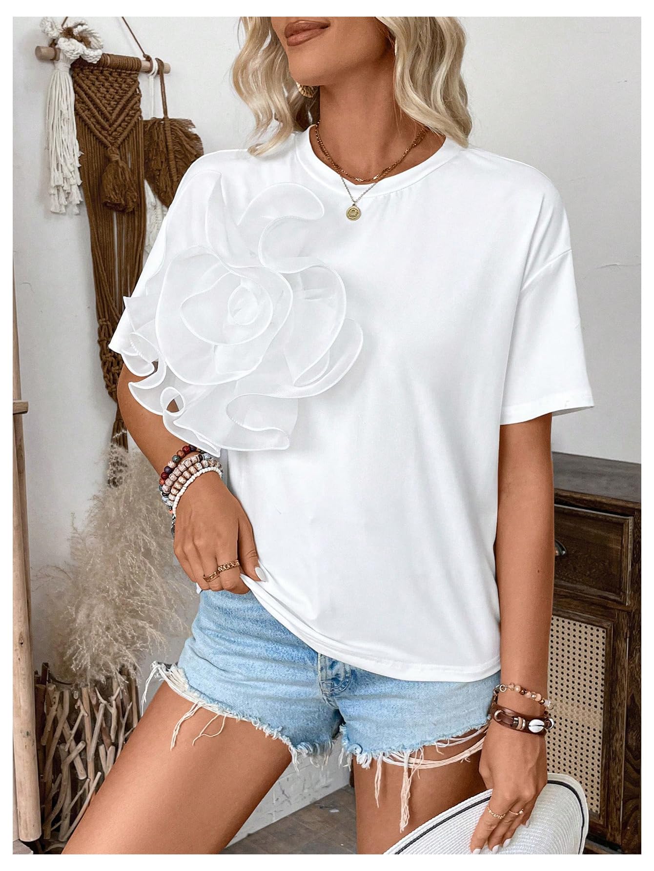 GORGLITTER Women's 3D Floral Print Short Sleeve T-Shirt - Y2K Fashion Round Neck Loose Fit Tee for Casual Outfits, Streetwear & Party Looks