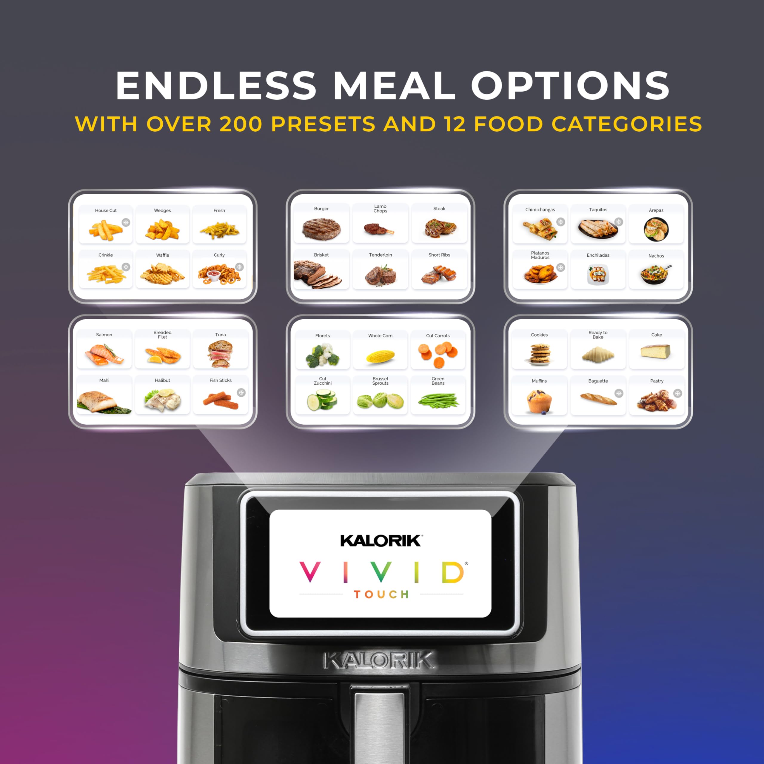 Kalorik VIVID TOUCH 5QT Air Fryer with Digital Touchscreen - 12 Food Presets, View Window & 1500W Power - Stainless Steel Countertop Oven for Healthy Frying, Baking & Roasting - Perfect for Family Meals & Party Snacks