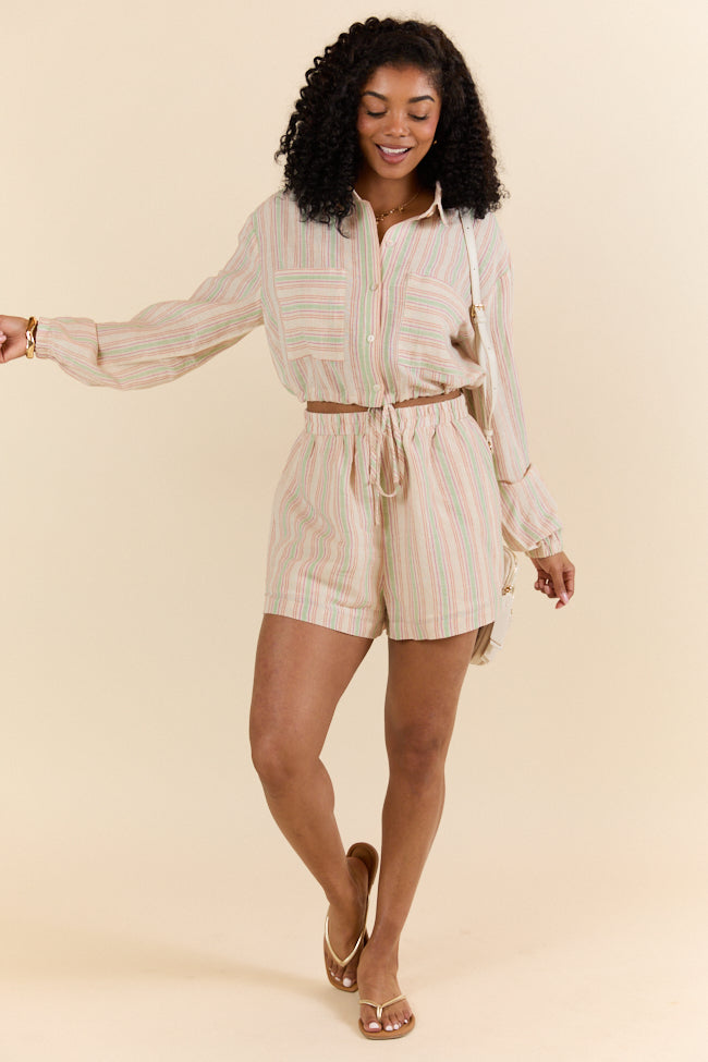 Dream Destination Striped Long Sleeve Top and Shorts Set - Women's Casual Loungewear Outfit for Travel, Vacation & Relaxation