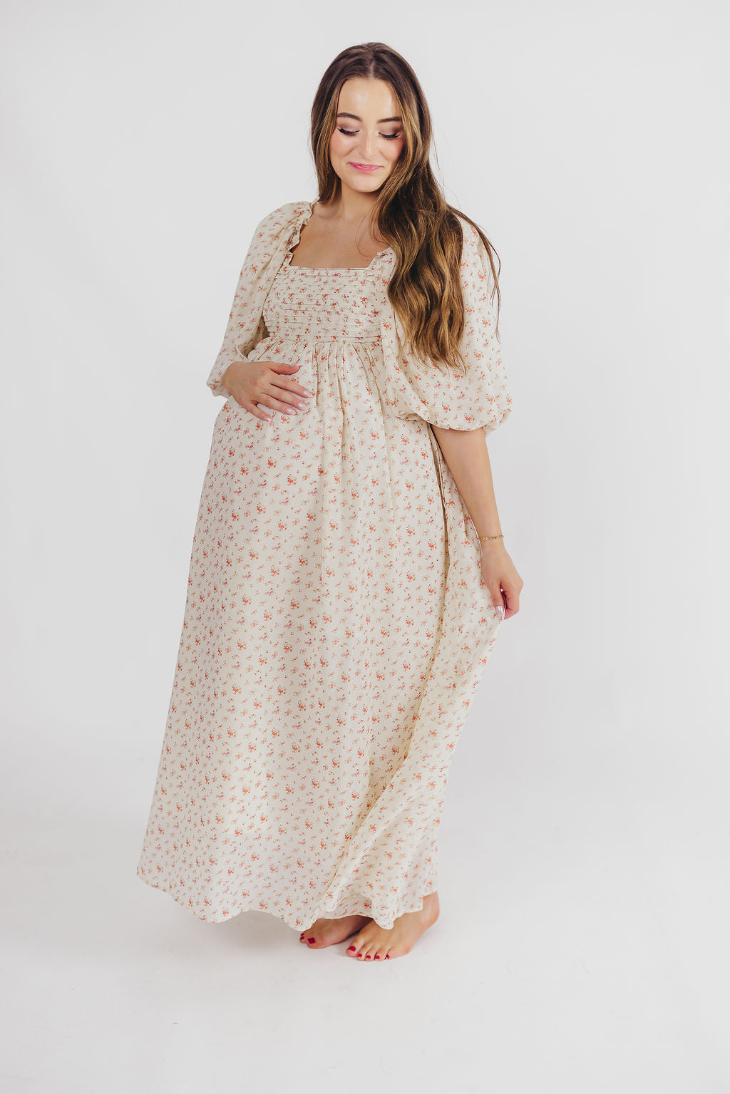 Melody Maxi Dress with Pleats & Bow Detail - Ivory Floral Print Maternity Dress | Bump Friendly & Inclusive Sizing (S-3XL) | Perfect for Weddings, Baby Showers & Summer Events