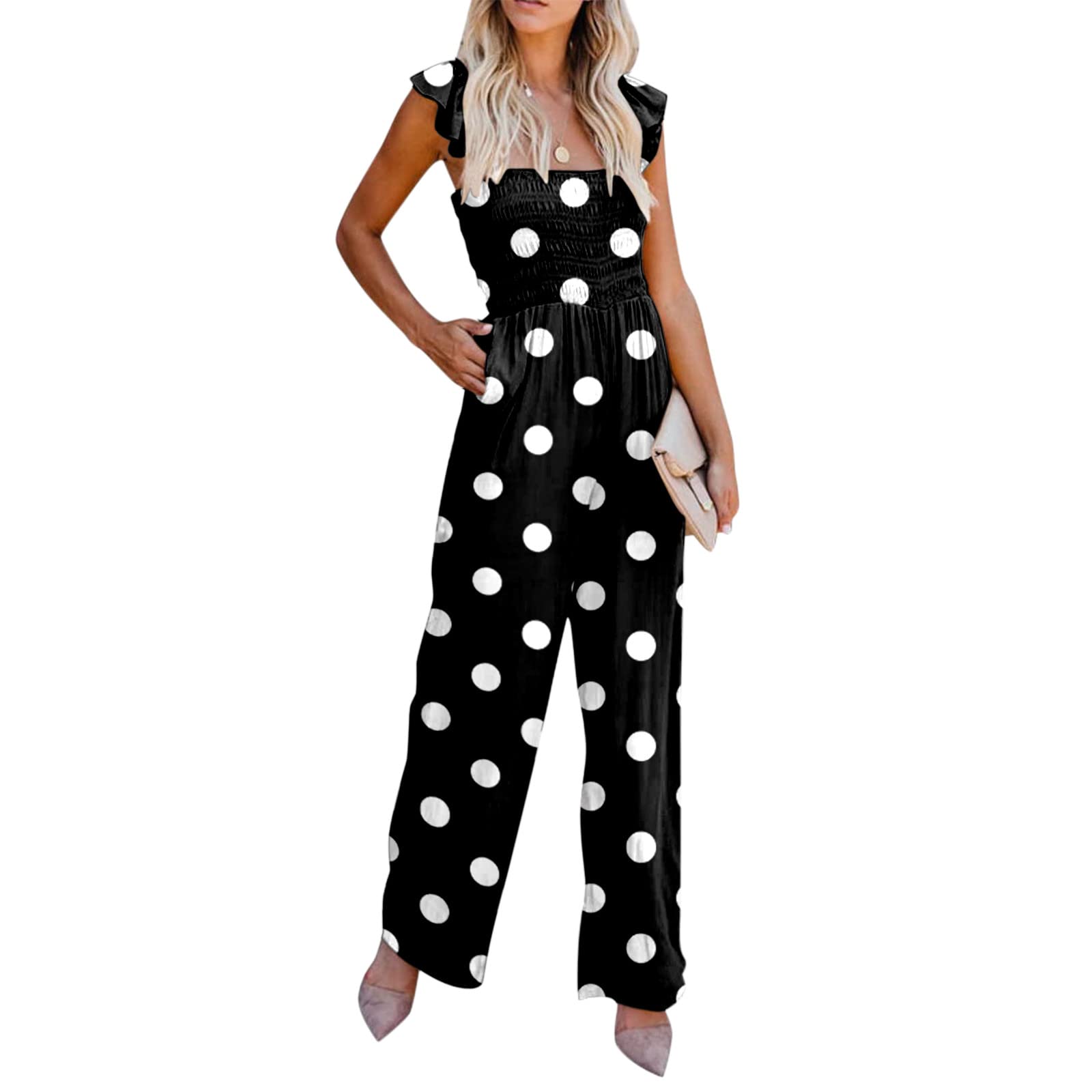 Women's Casual Jumpsuit with Ruffled Straps & Polka Dot Print - High Waist Wide Leg Romper with Pockets for Spring Summer | Perfect for Beach Vacations, Date Nights & Outdoor Brunch (Black)