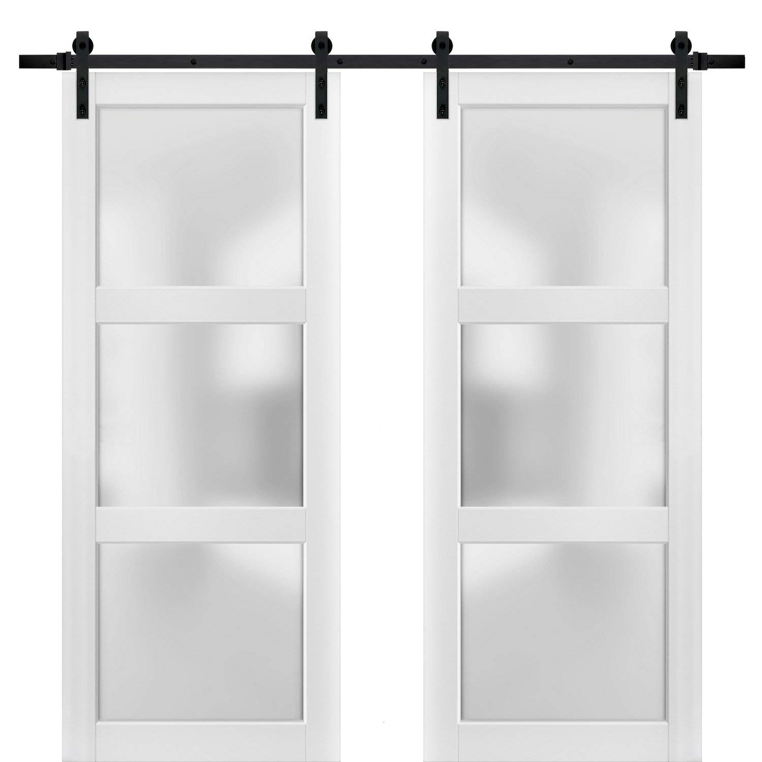 Sturdy 36x84 Inch Double Barn Door with Frosted Glass 3 Lites - Matte White Interior Solid Panel Door | Top Mount 13FT Rail Hangers Heavy Duty Set | Perfect for Farmhouse, Bedroom & Closet Sliding Doors